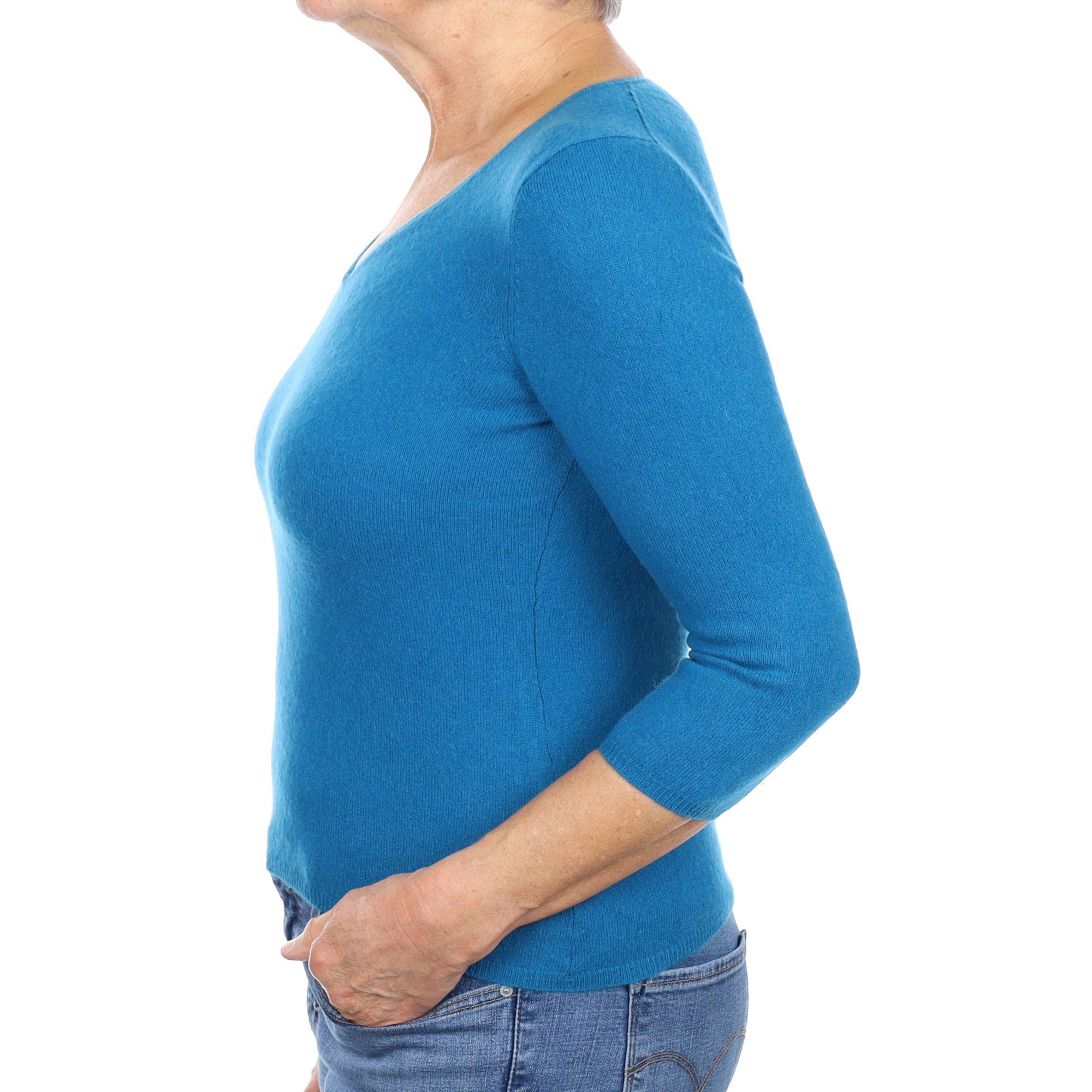 Pacific Blue Cashmere 3/4 Sleeve V Neck Jumper Medium