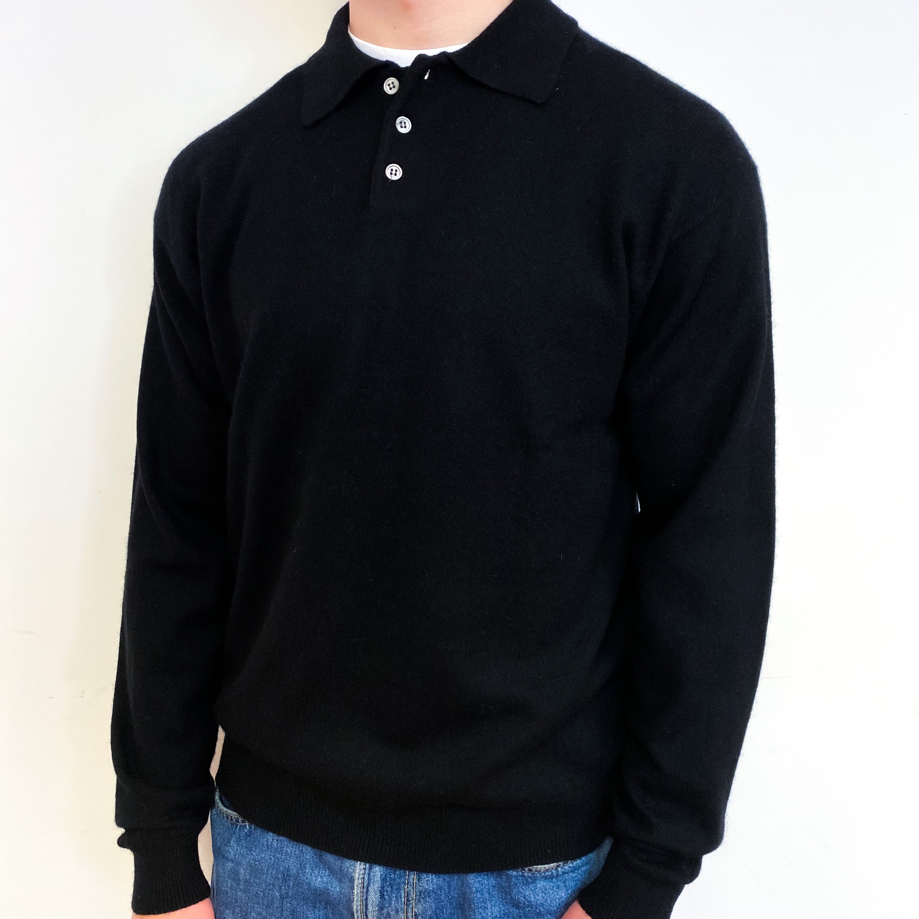 Men's Black Cashmere Collared 1/4 Button Jumper Small