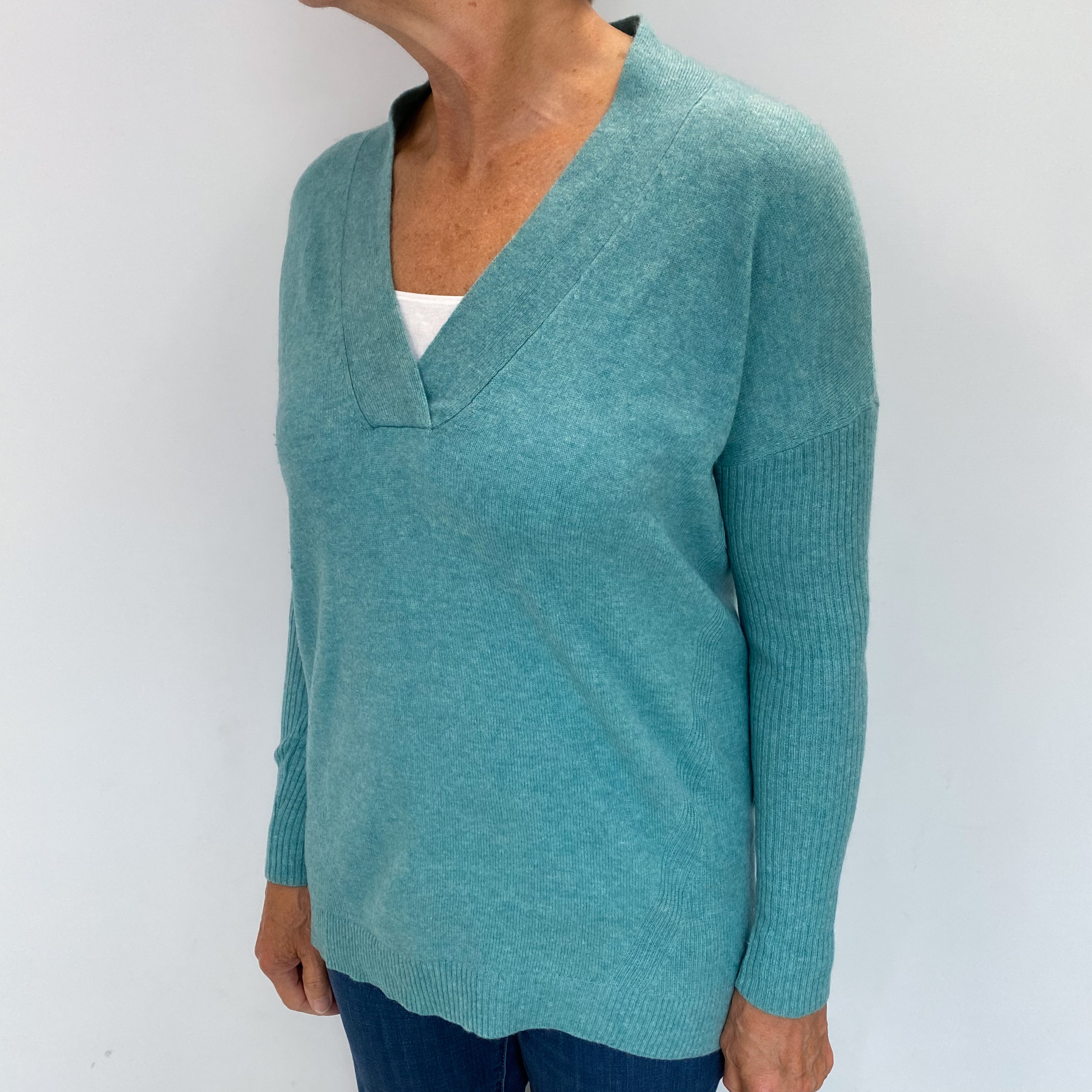 Sea Foam Green Cashmere V Neck Jumper Medium