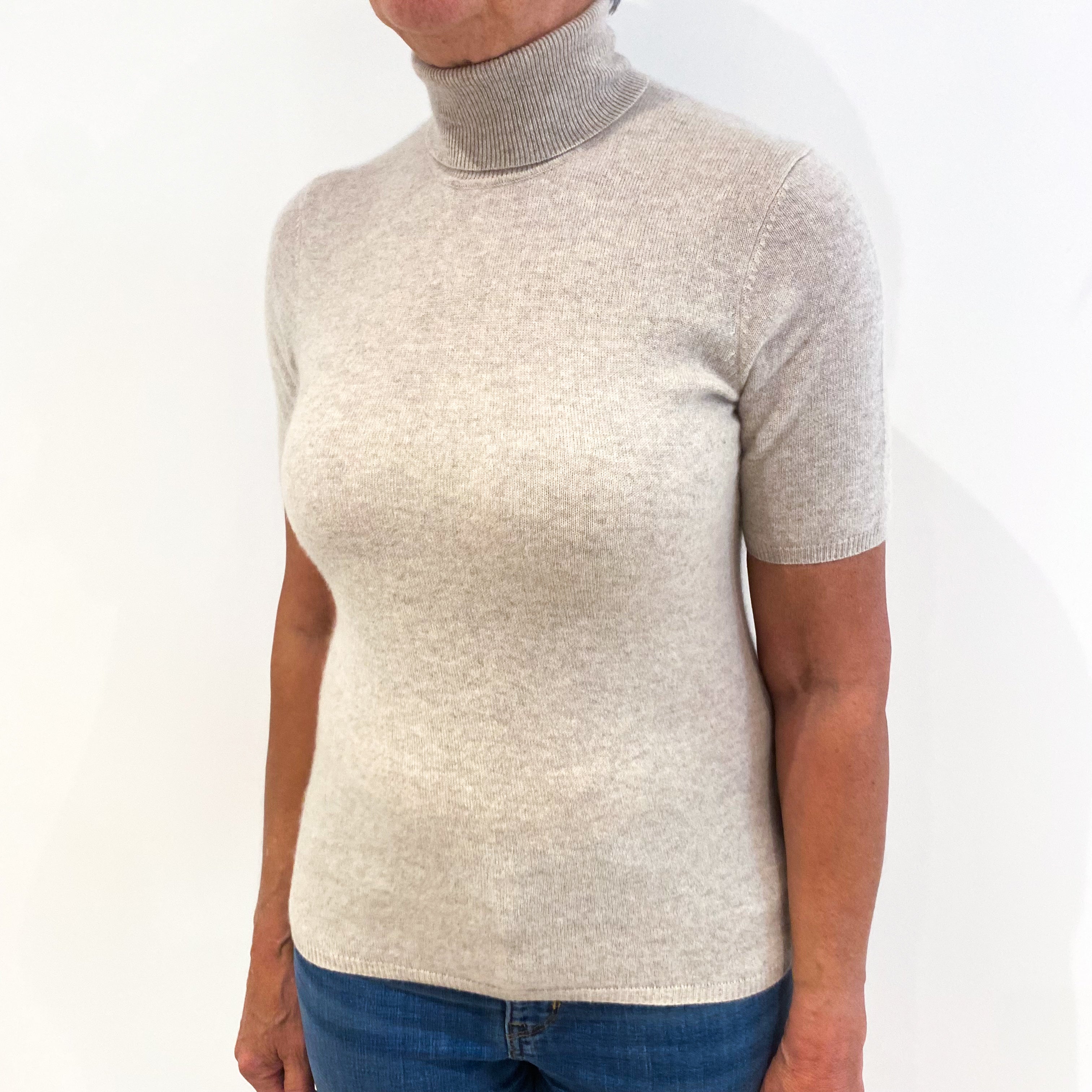 Mist Grey Cashmere Short Sleeved Polo Neck Jumper Medium