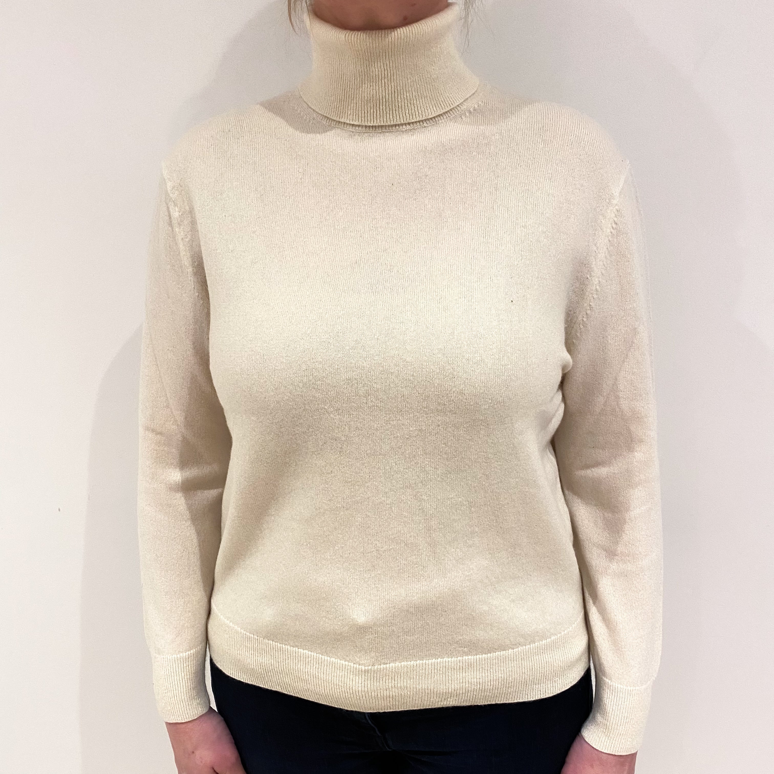 Vanilla Cream Cashmere Polo Neck Jumper Large