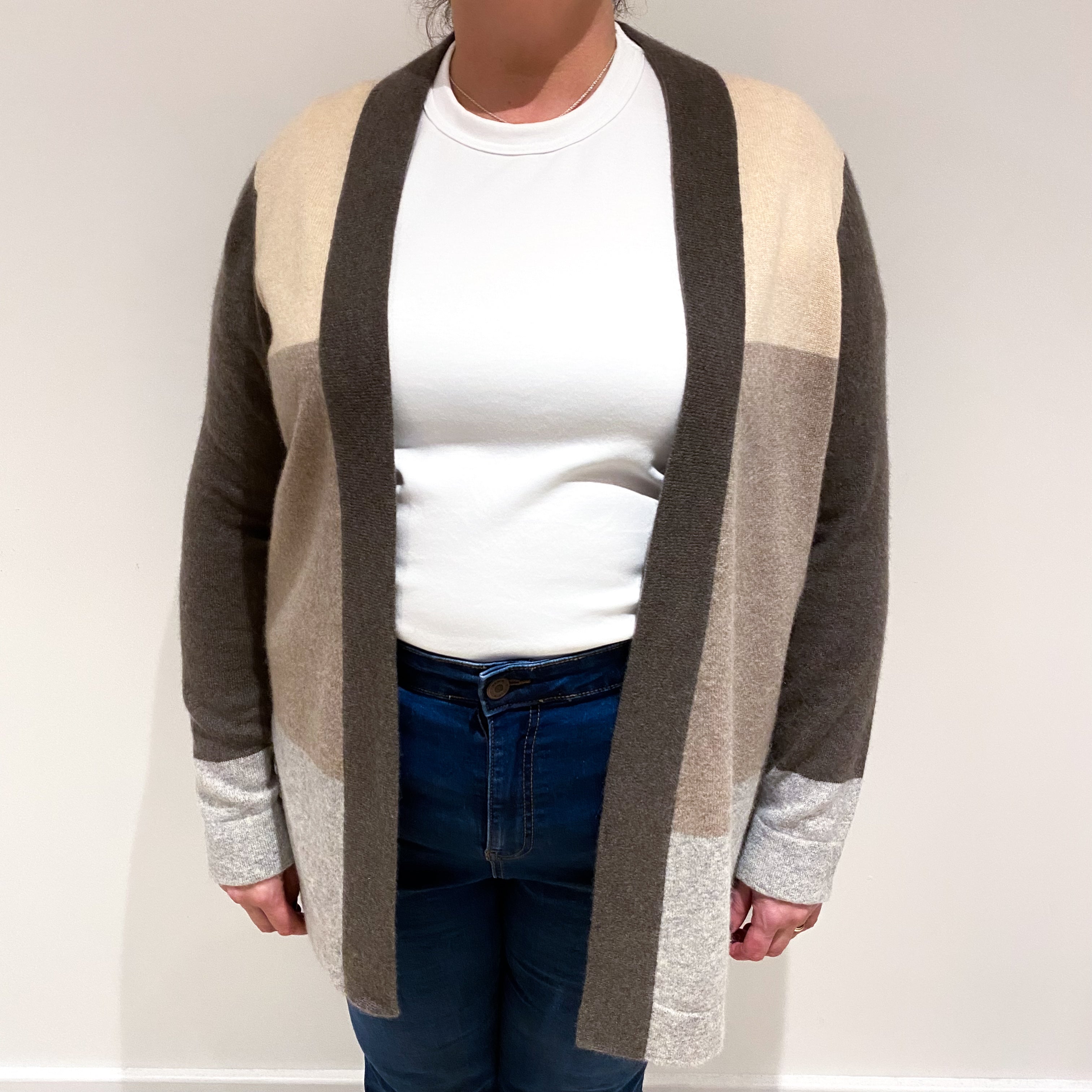 Brown Colour Block Cashmere Edge to Edge Cardigan Extra Large