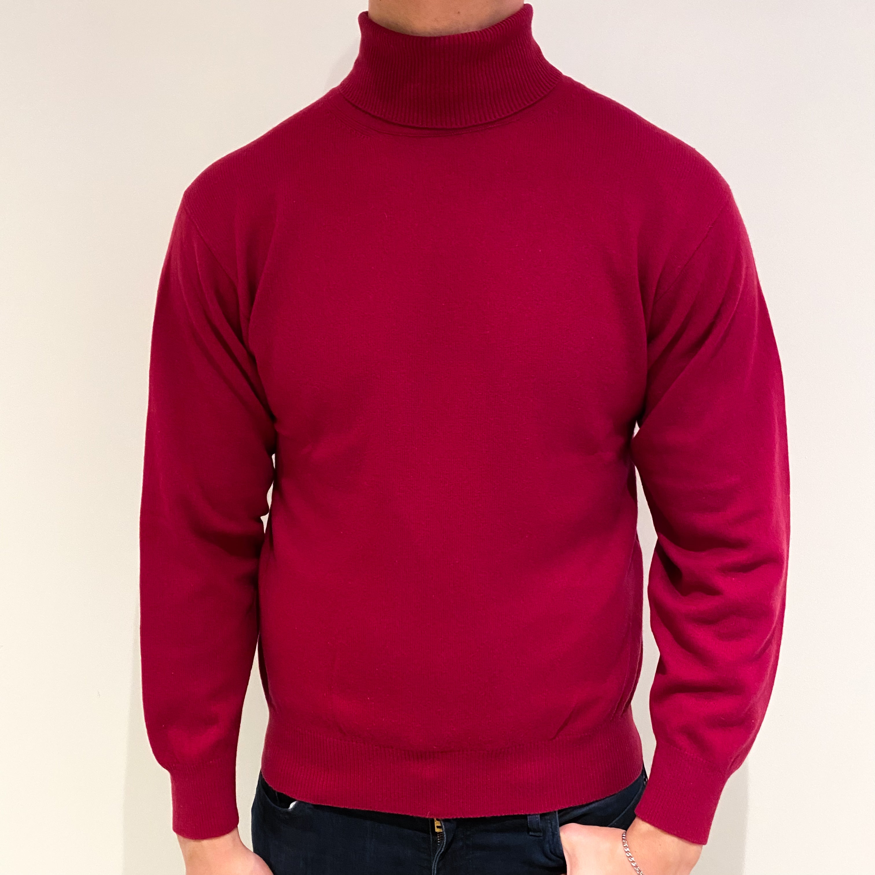 Men's Deep Cherry Red Cashmere Polo Neck Jumper XL