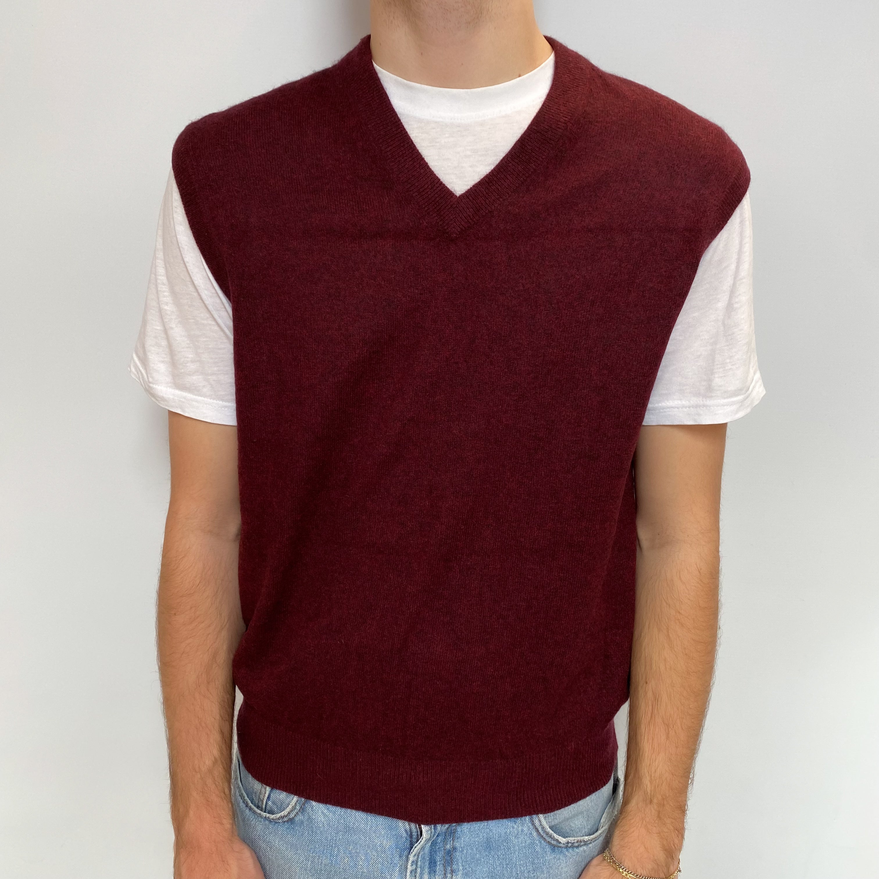 Men's Wine Red Cashmere V Neck Tank Top Large