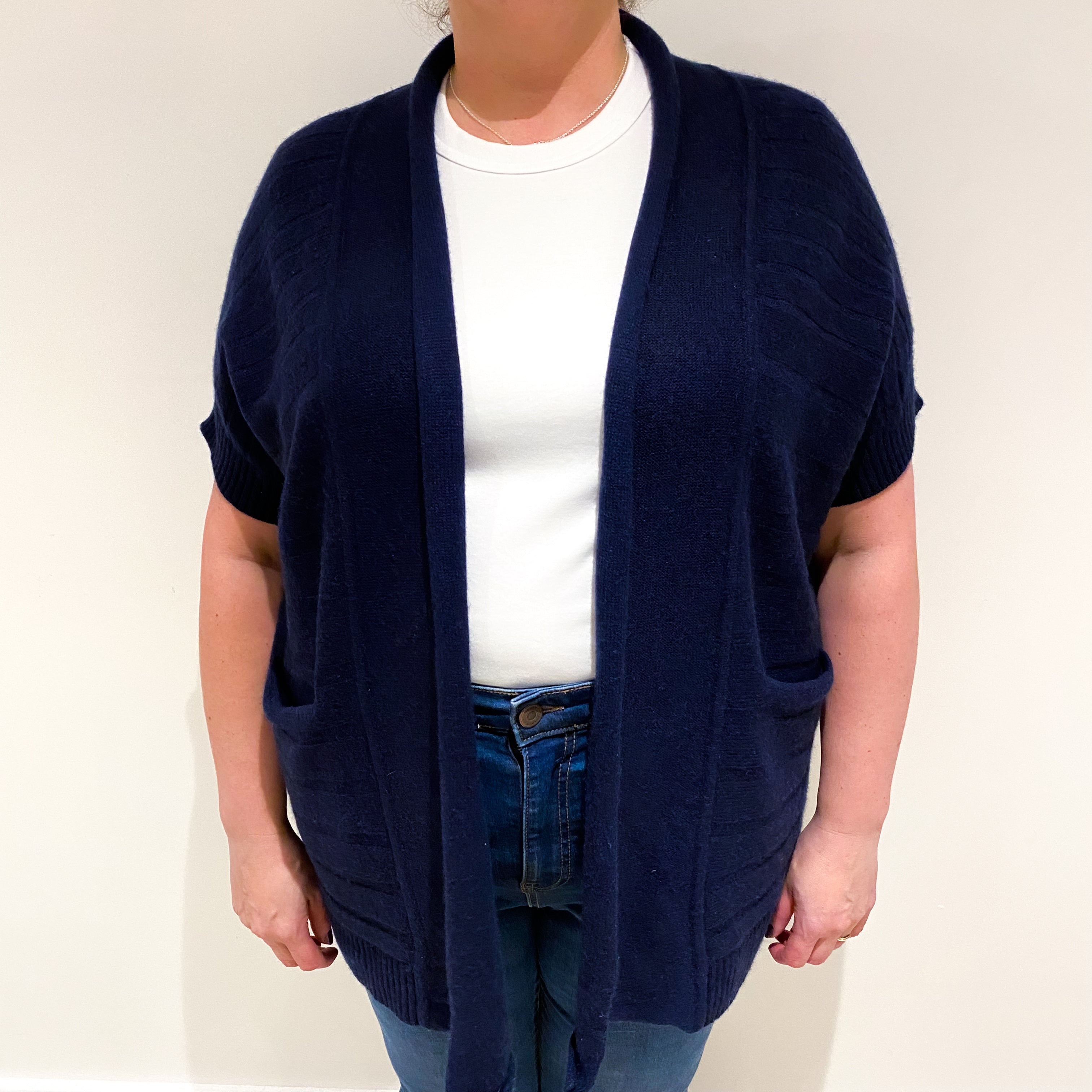 Navy Blue Cashmere Short Sleeved Edge to Edge Cardigan Extra Large