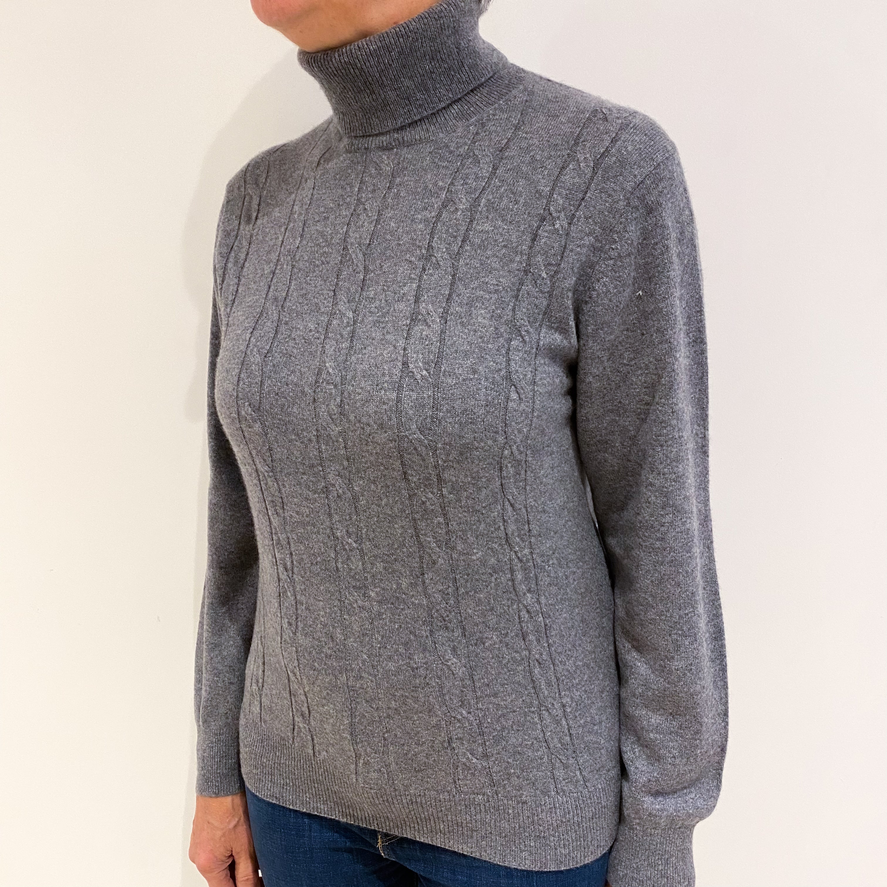 Steel Grey Cashmere Polo Neck Jumper Medium