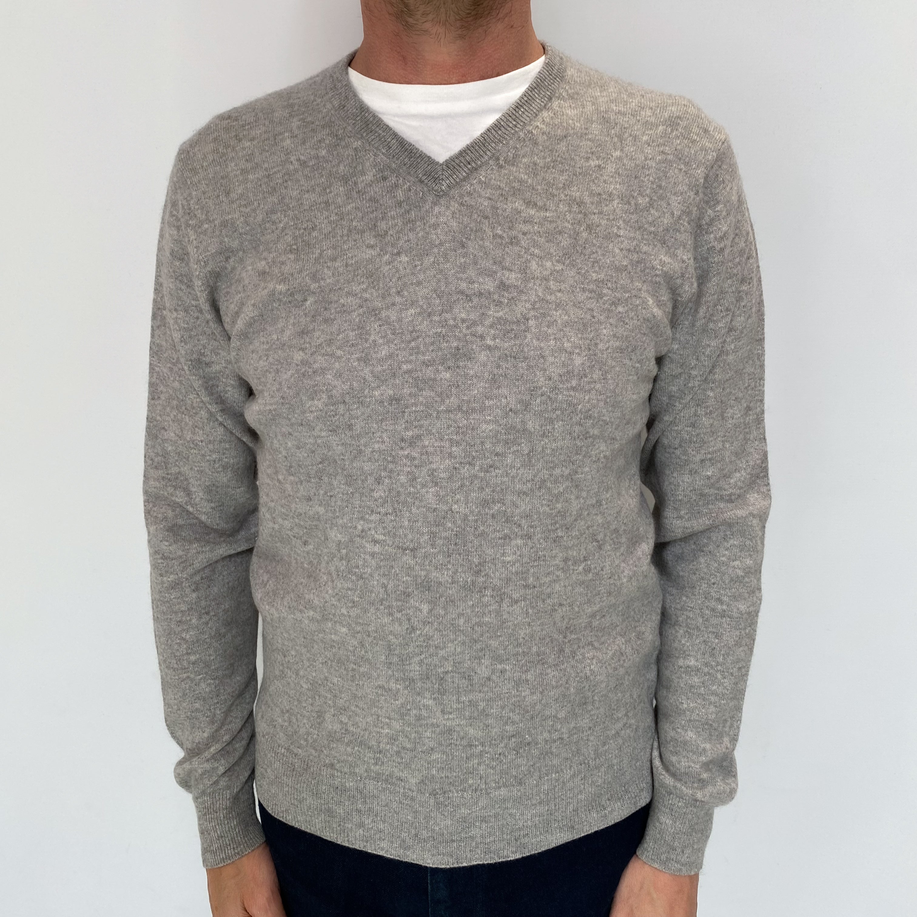Men's Smoke Grey Cashmere V Neck Jumper Small