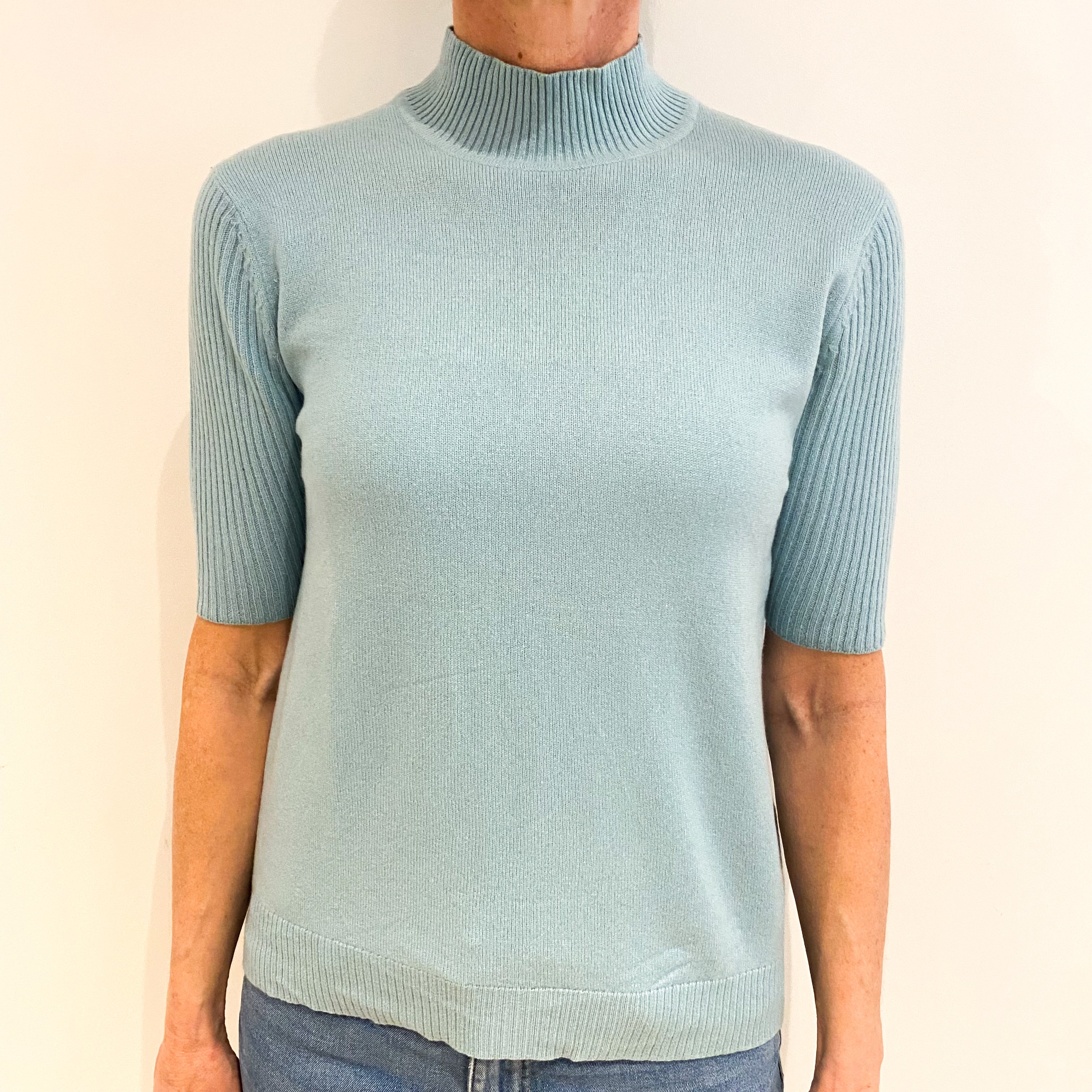 Opal Blue Cashmere Turtle Neck Short Sleeved Jumper Small