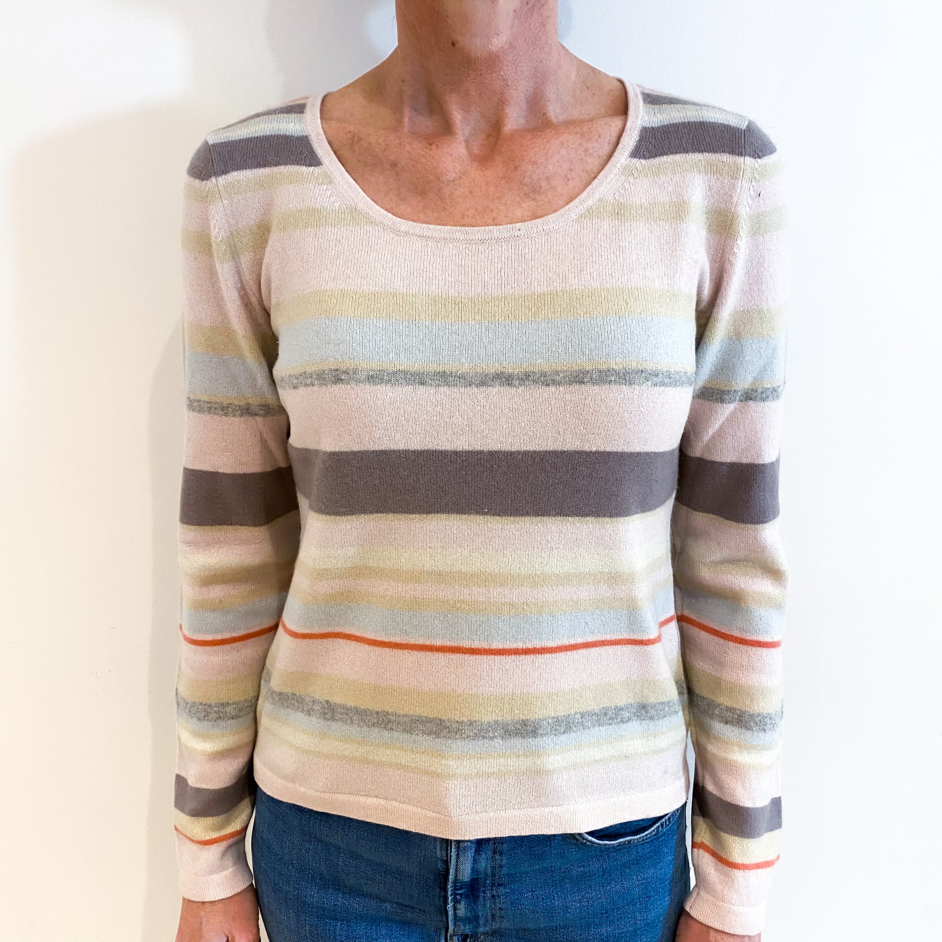 Pastel Striped Cashmere Crew Neck Jumper Small