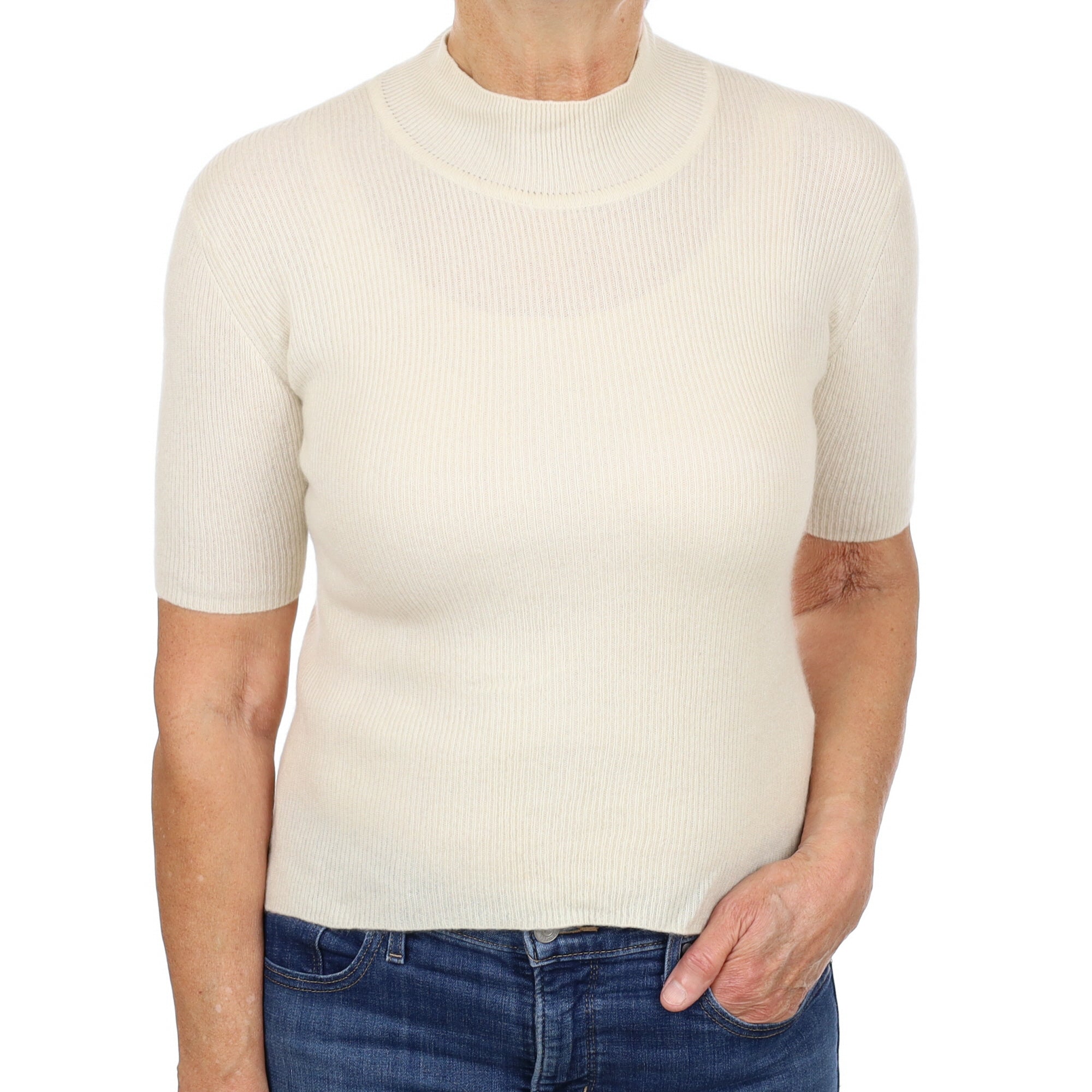 Vanilla Cream Cashmere Turtle Neck Short Sleeved Jumper Medium