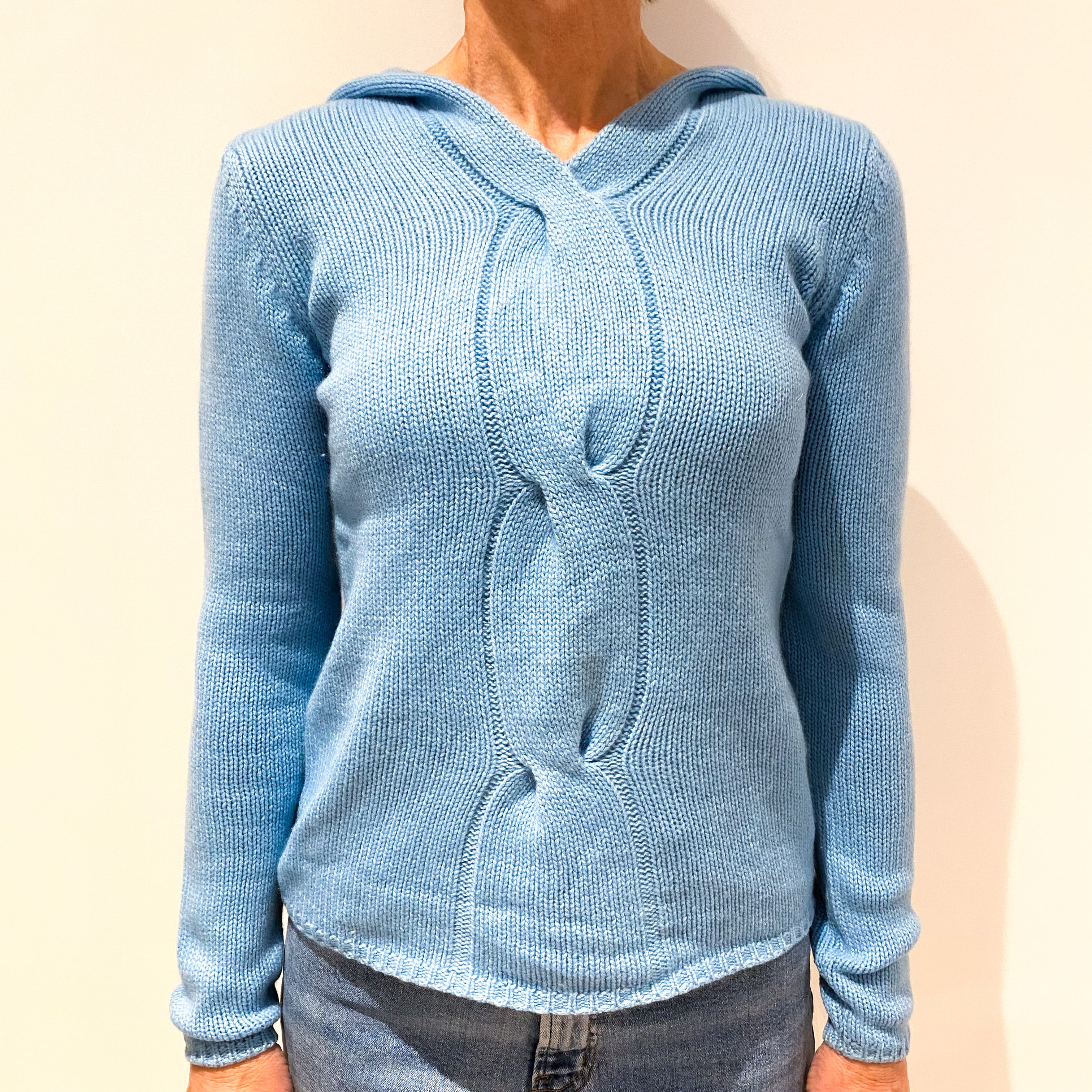Sky Blue Chunky Cashmere Hooded Jumper Small