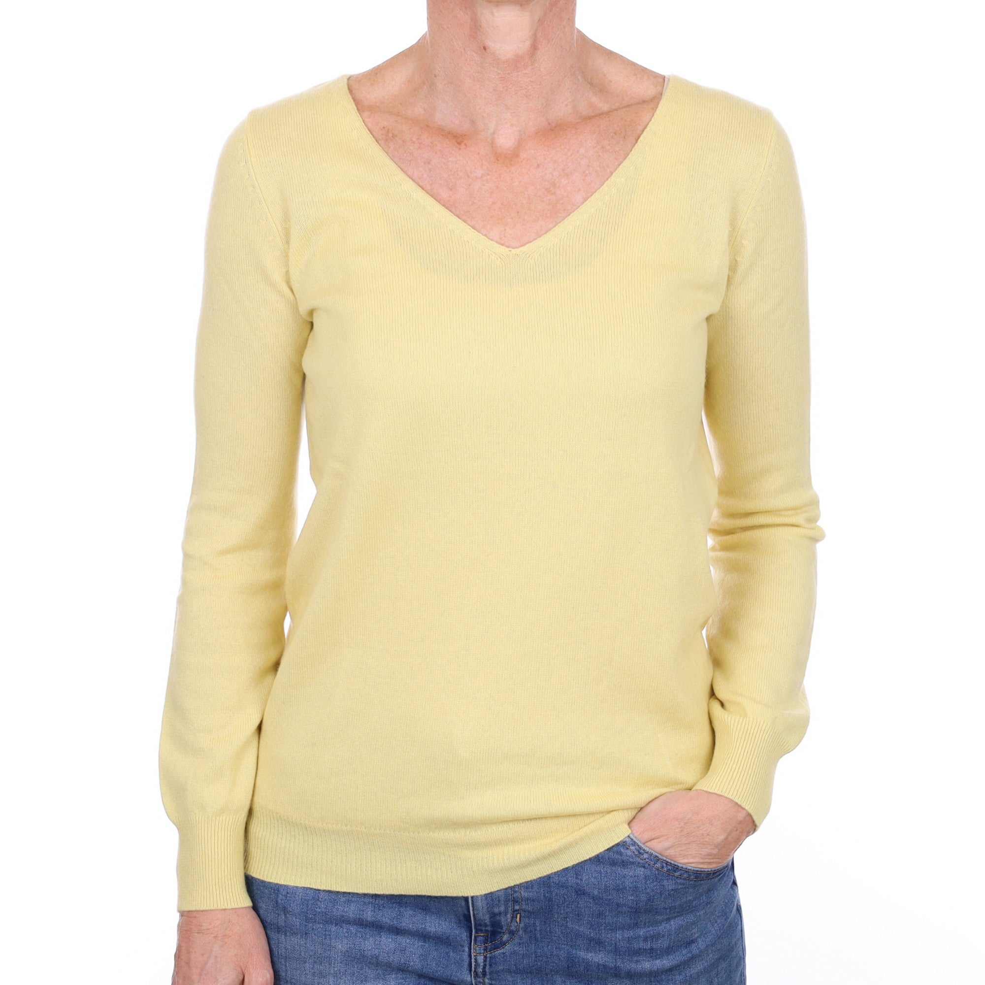 Pale Lemon Yellow Cashmere V Neck Jumper Small