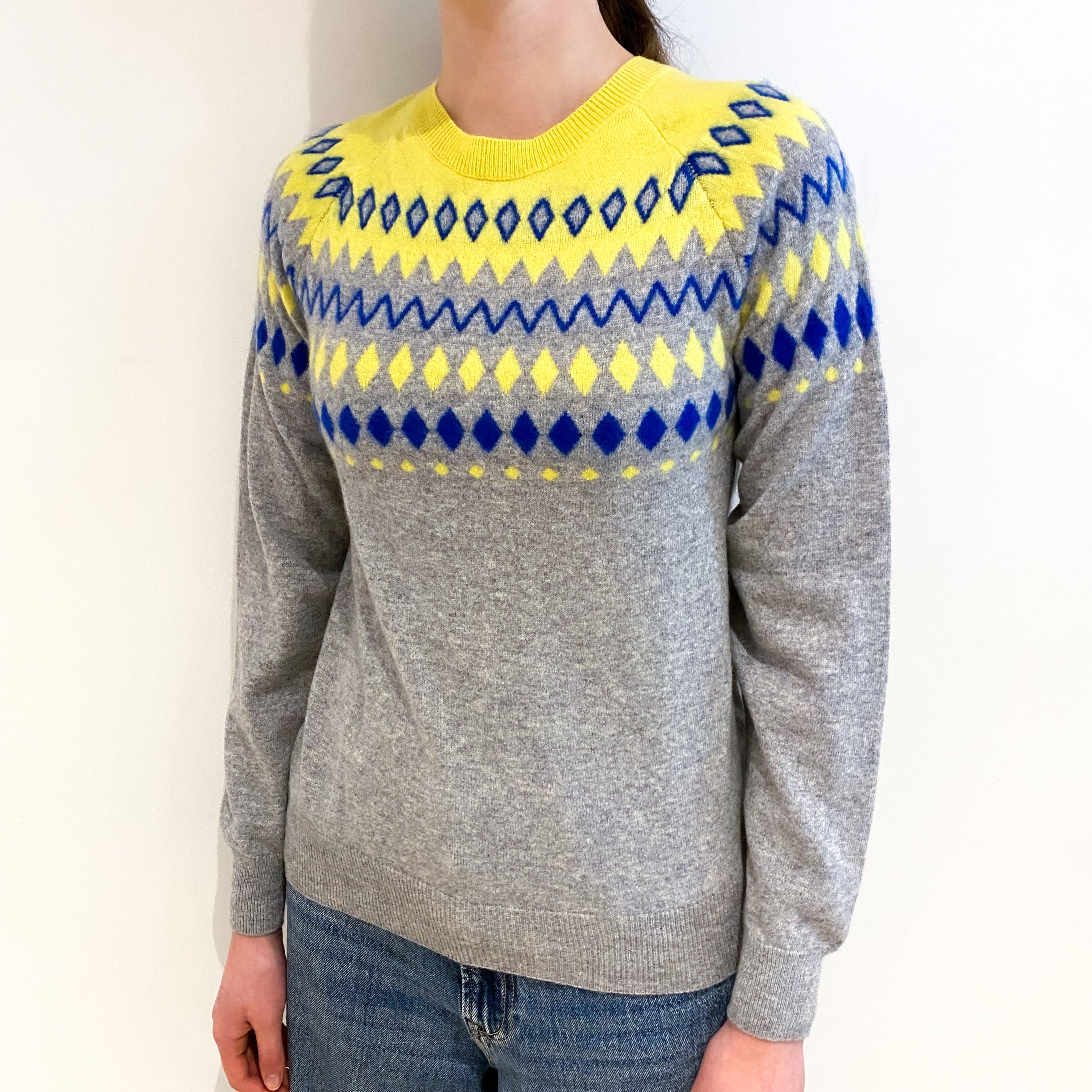 Grey and Yellow Patterned Cashmere Crew Neck Jumper Extra Small