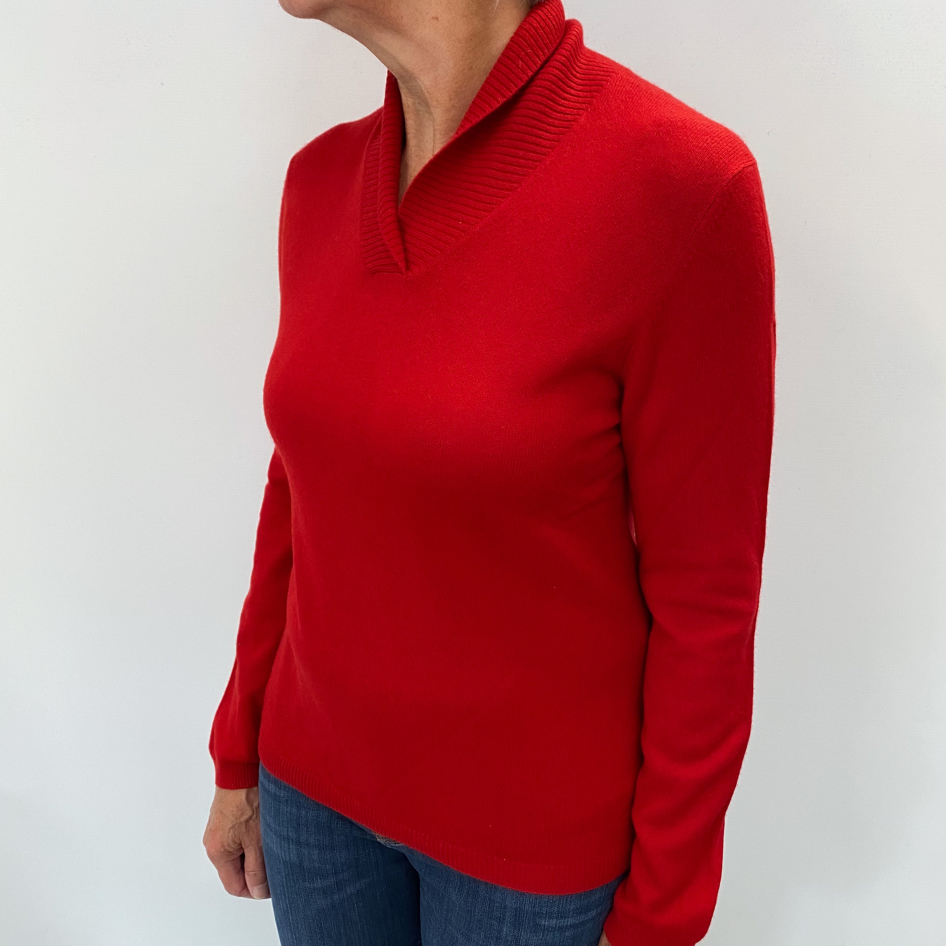 Scarlet Red Cashmere Shawl Collar V Neck Jumper Medium