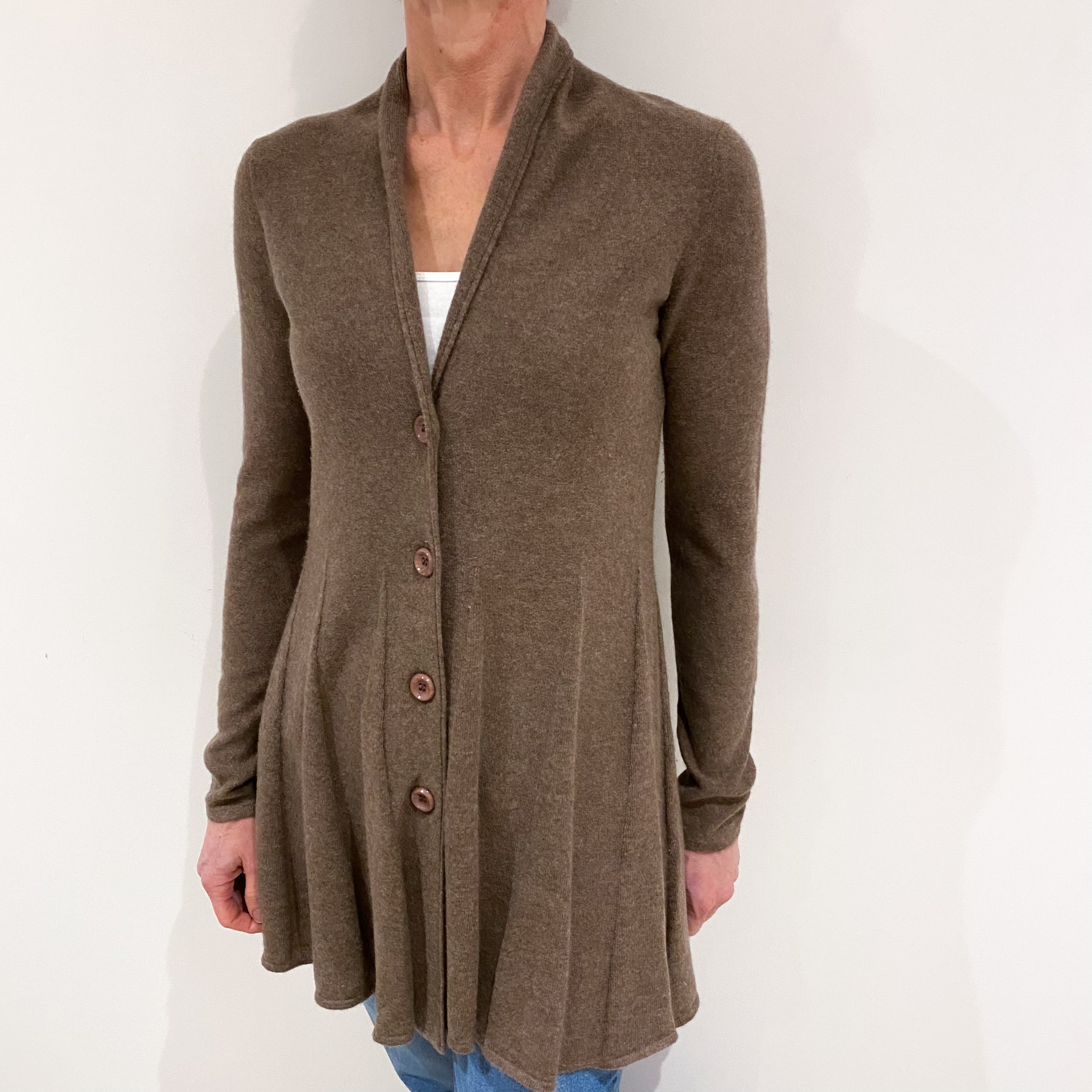 Mocha Brown Flared Hem Cashmere V Neck Cardigan Small