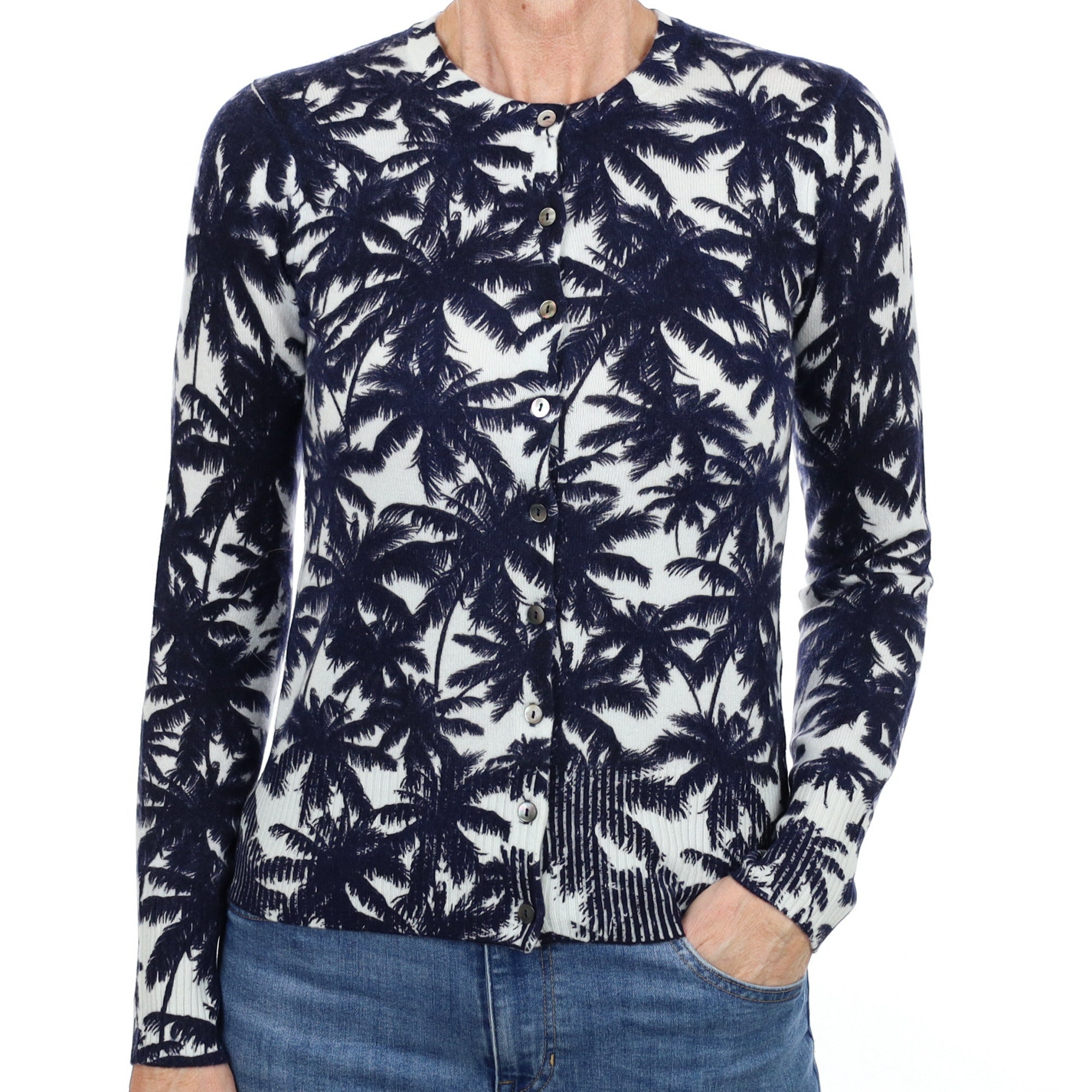 New Navy and Mint Palm Tree Patterned Cashmere Cardigan Small