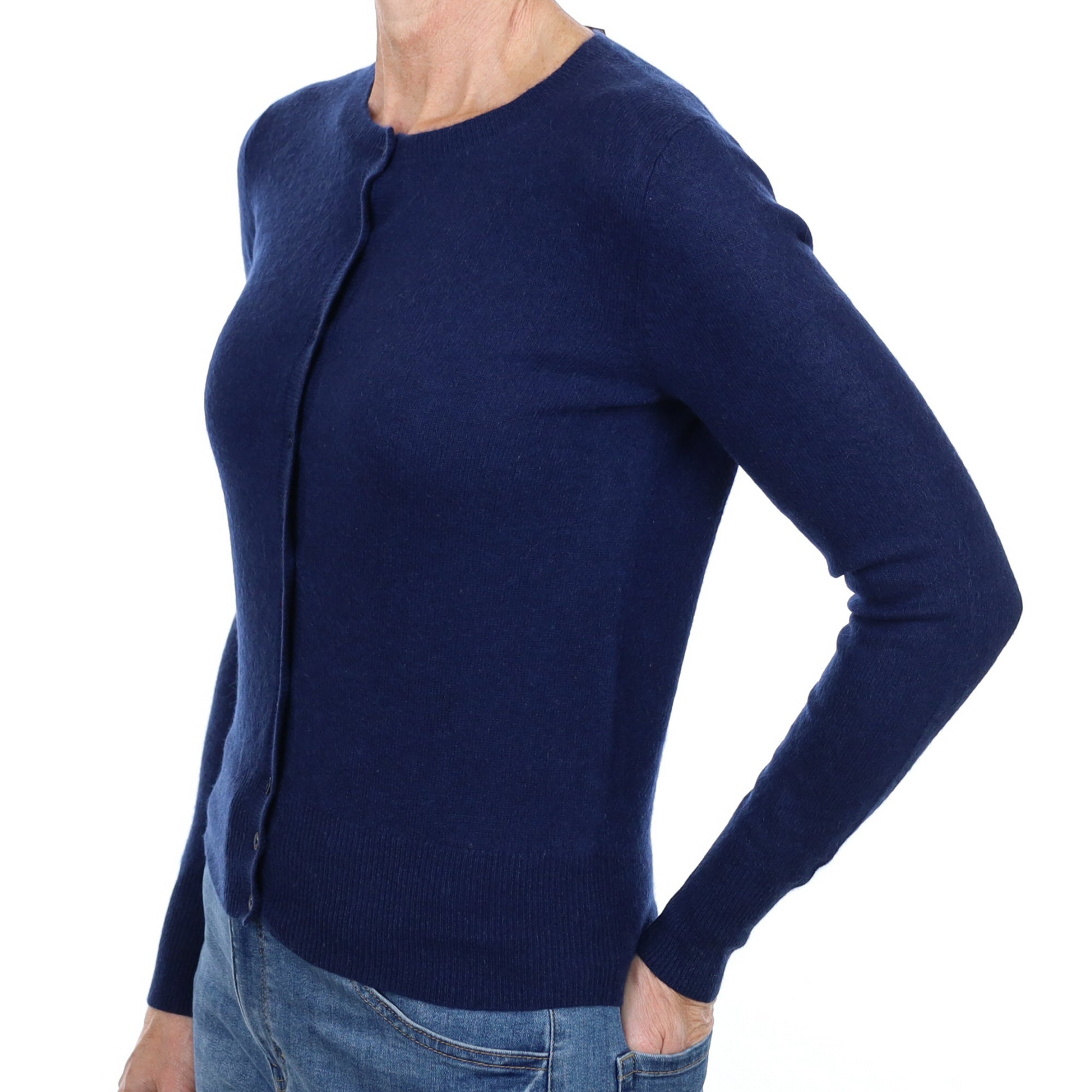 French Navy Cashmere Crew Neck Cardigan Small