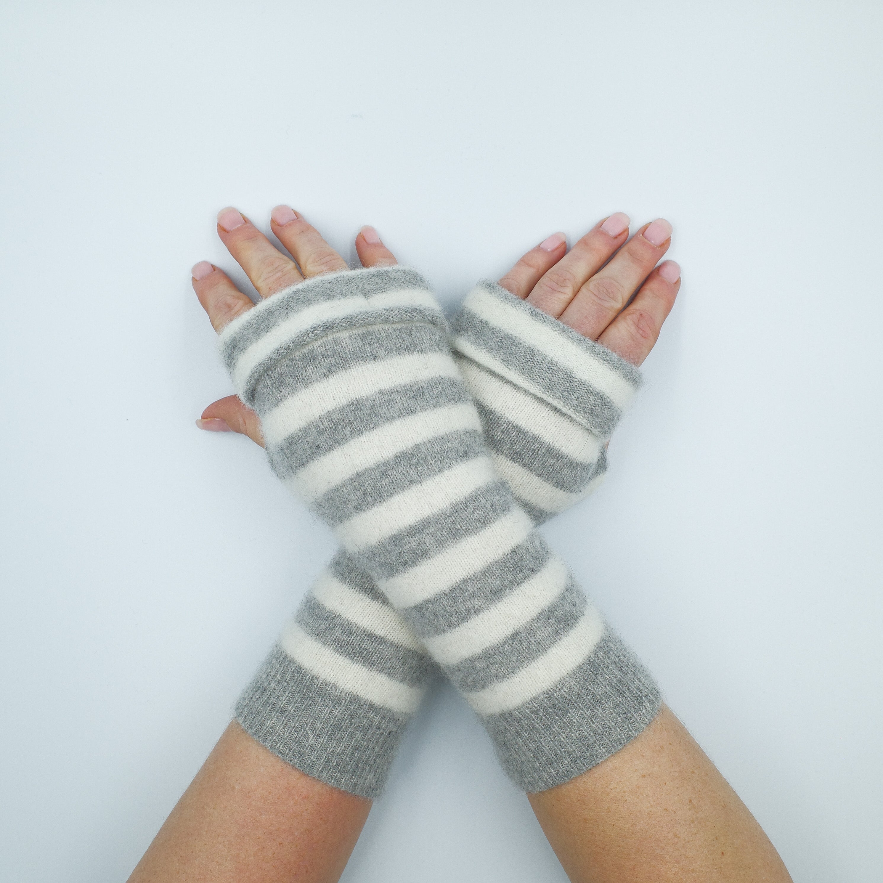 Smoke Grey and Cream Fingerless Gloves Striped