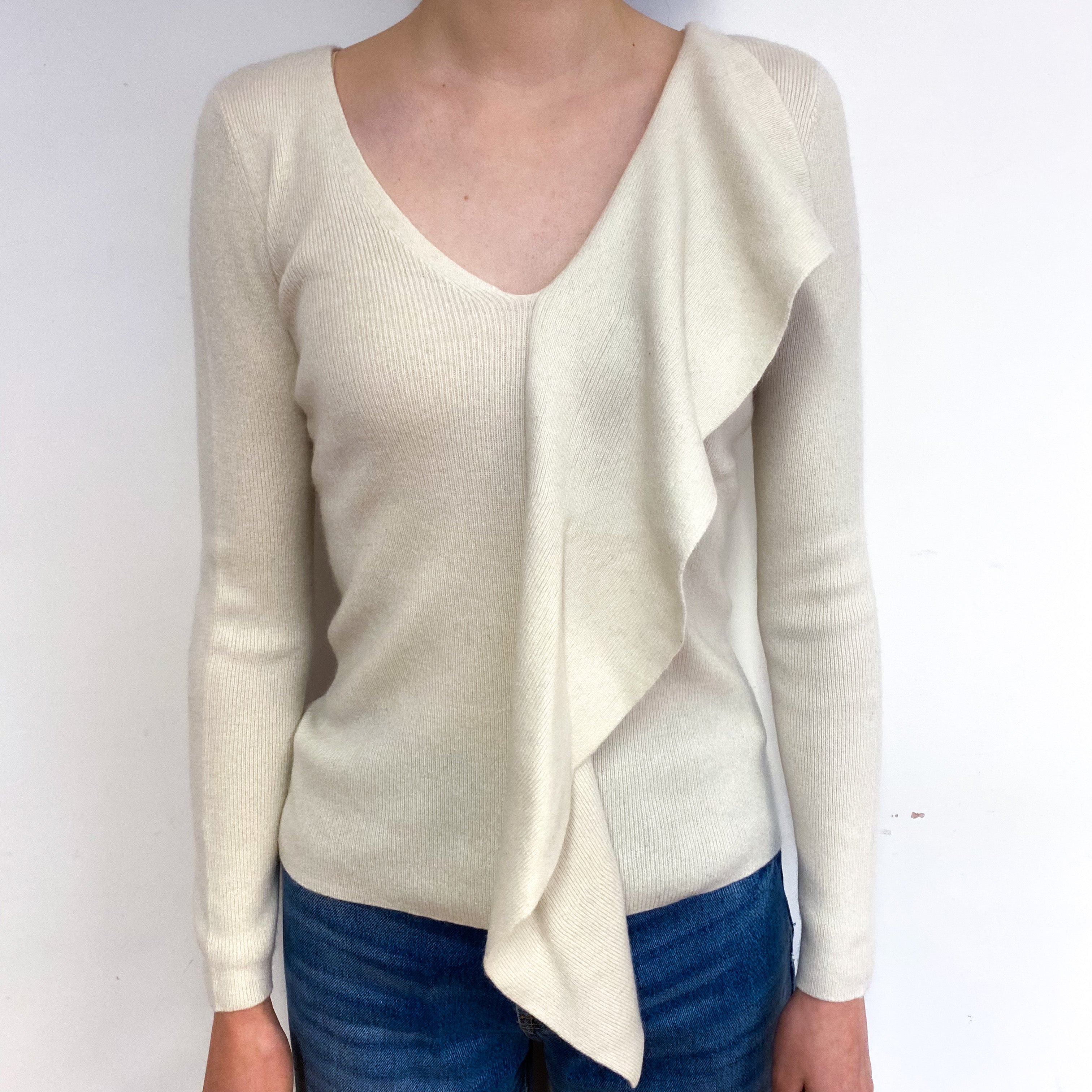 Cream Frill Detail Cashmere V-Neck Jumper Extra Small