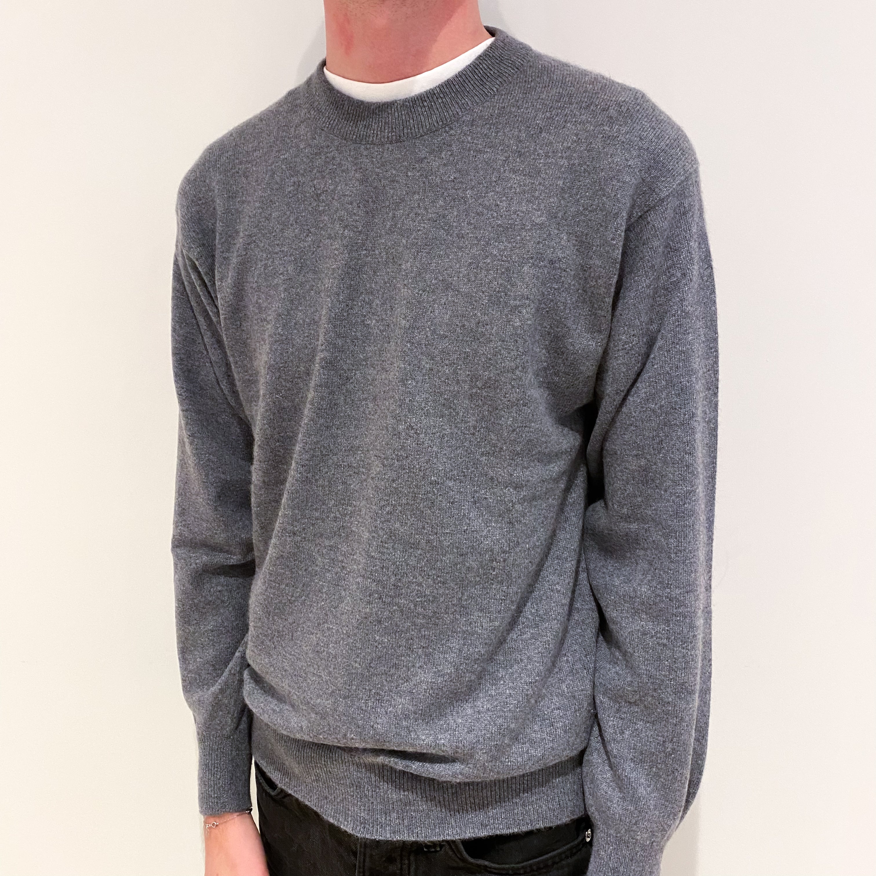 Men's Steel Grey Cashmere Crew Neck Jumper Small