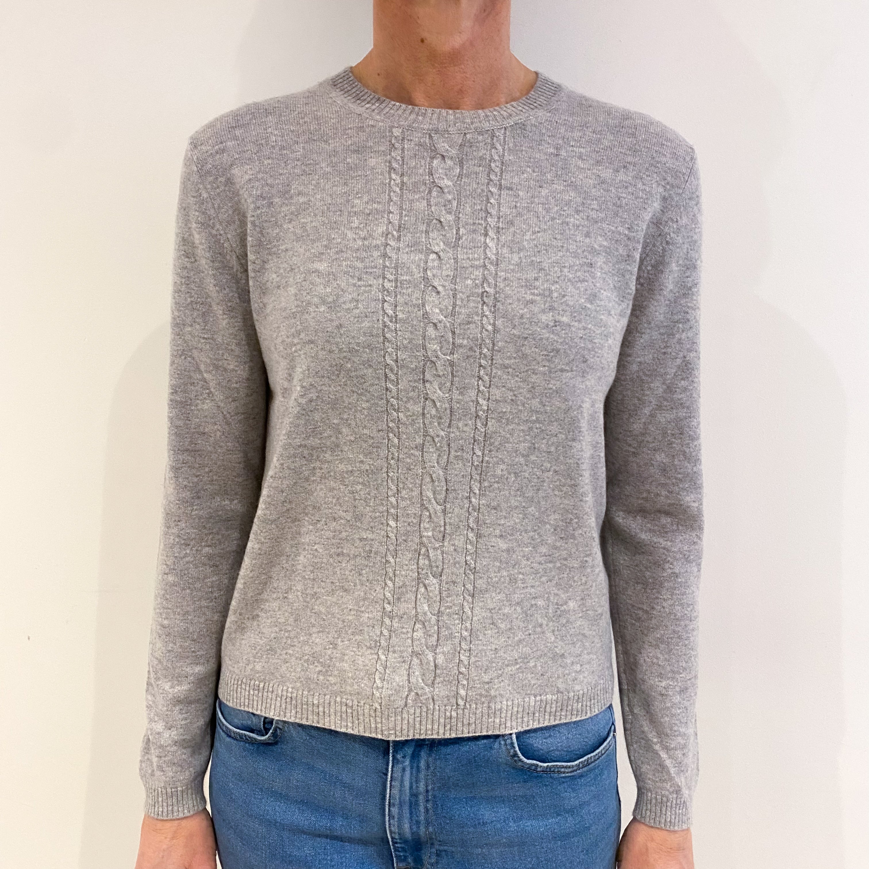 Smoke Grey Cable Detail Cashmere Crew Neck Jumper Small