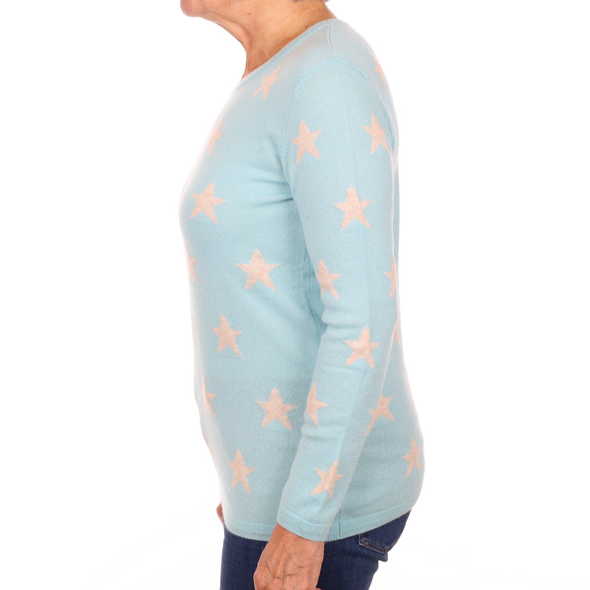 Aqua Blue Star Patterned Cashmere Crew Neck Jumper Medium
