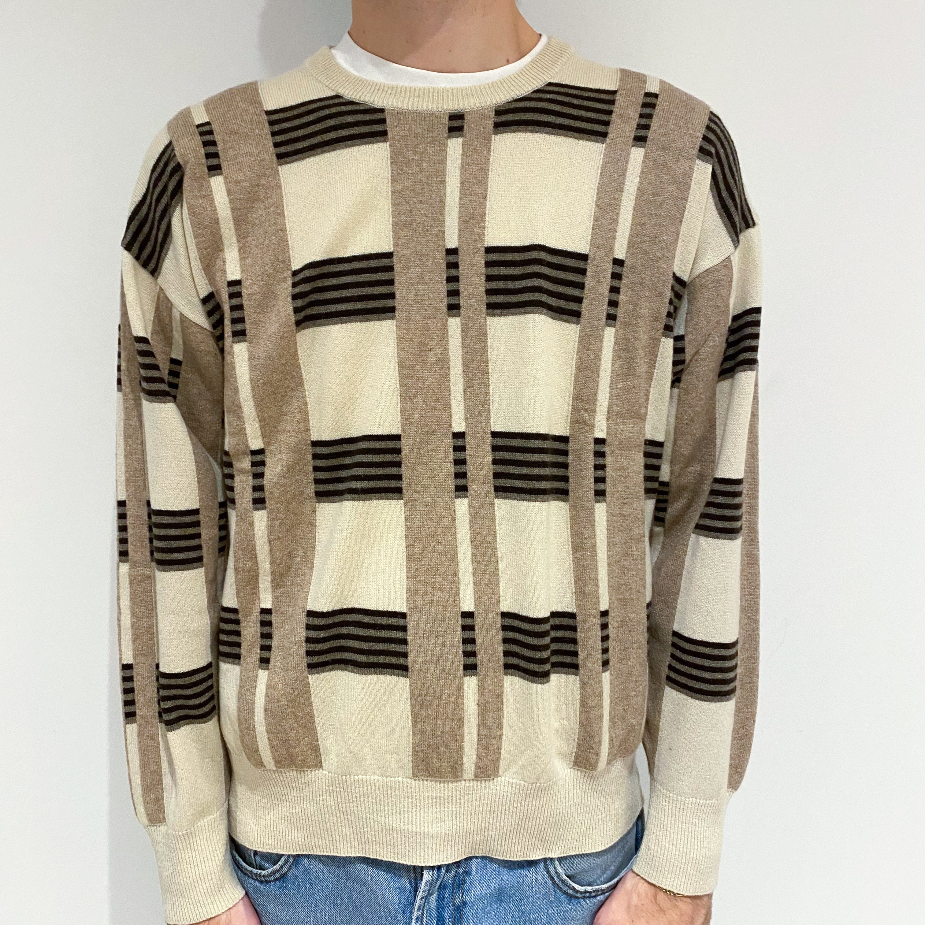 Men's Cream and Brown Checked Cashmere Crew Neck Jumper Large