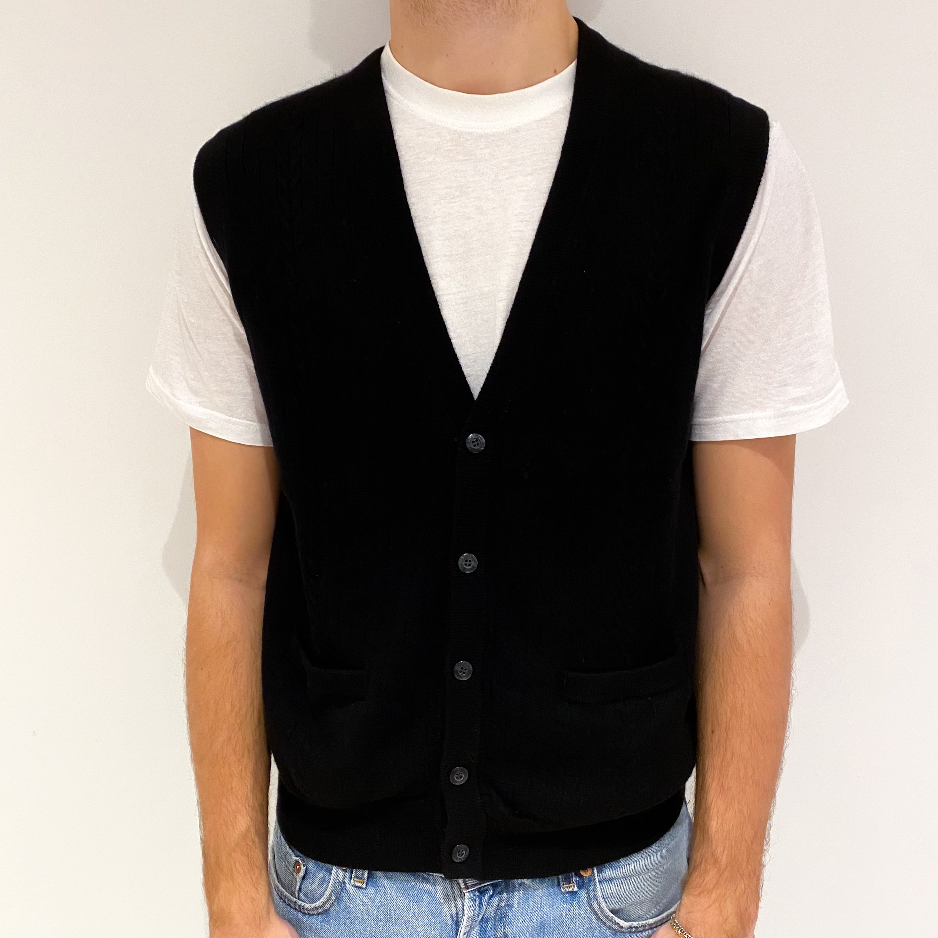 Men's Black Cable Front Cashmere V Neck Gilet with Pockets Large