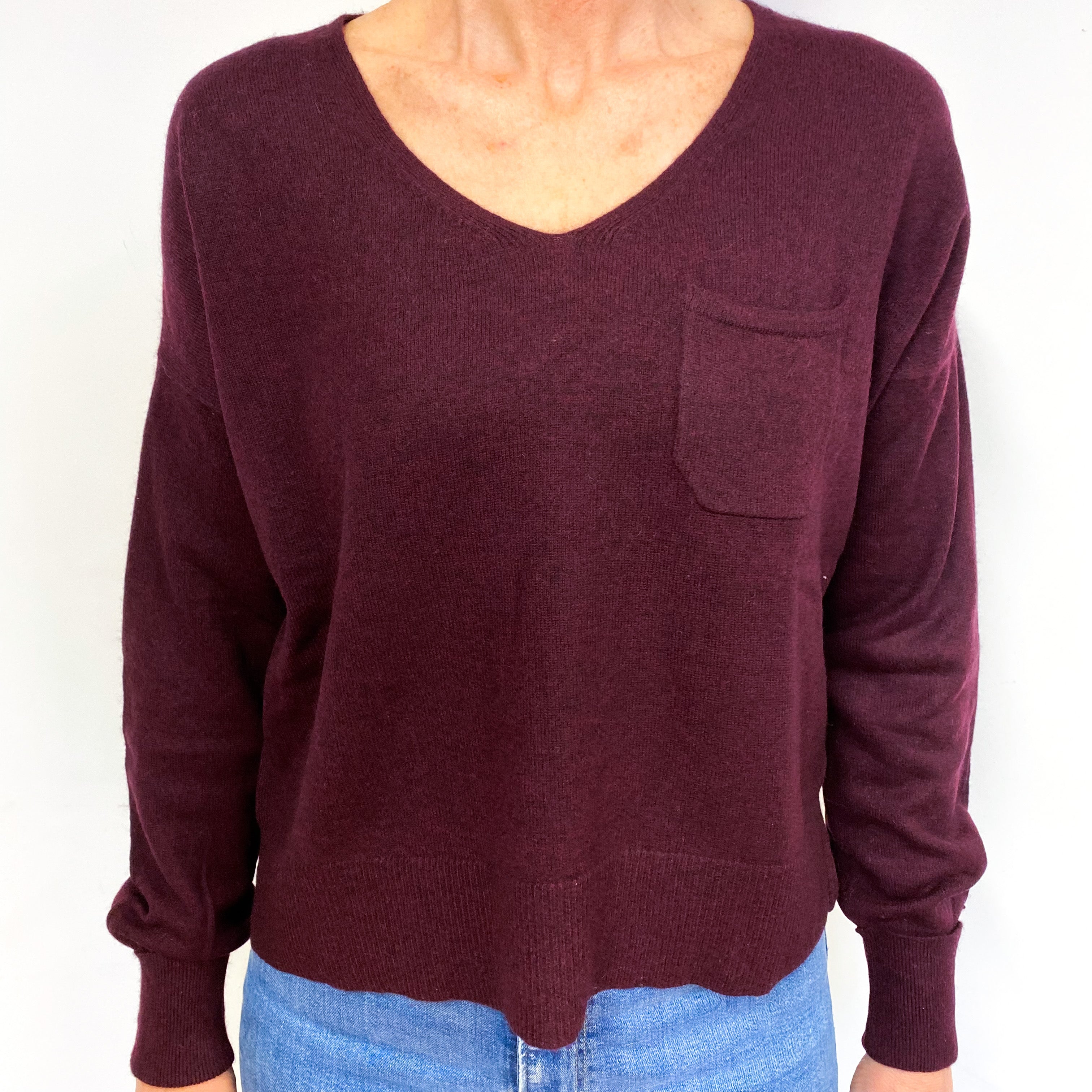 Aubergine Purple Cashmere V-Neck Jumper Medium