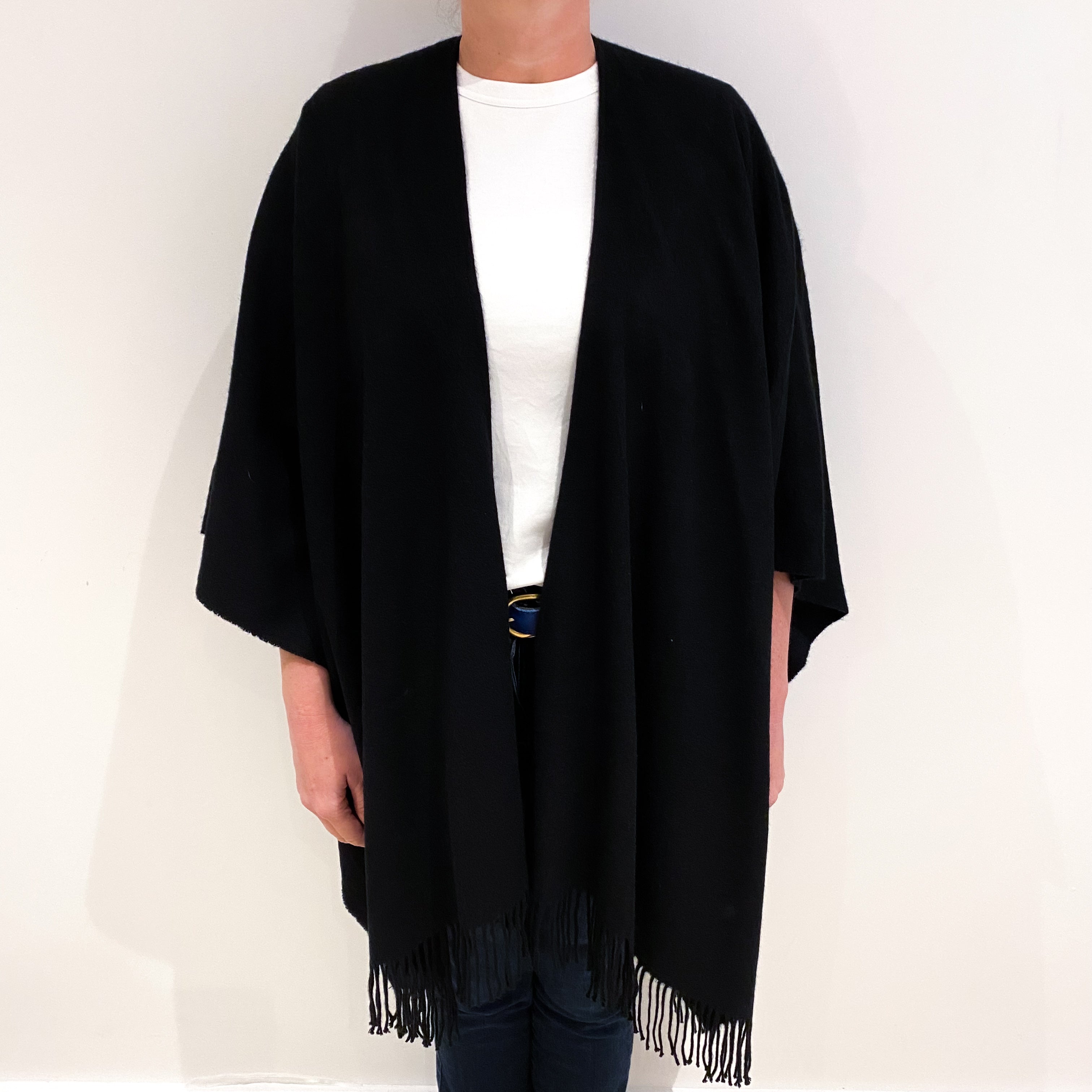 Black Cashmere Fringed Wrap Style Cardigan One Size