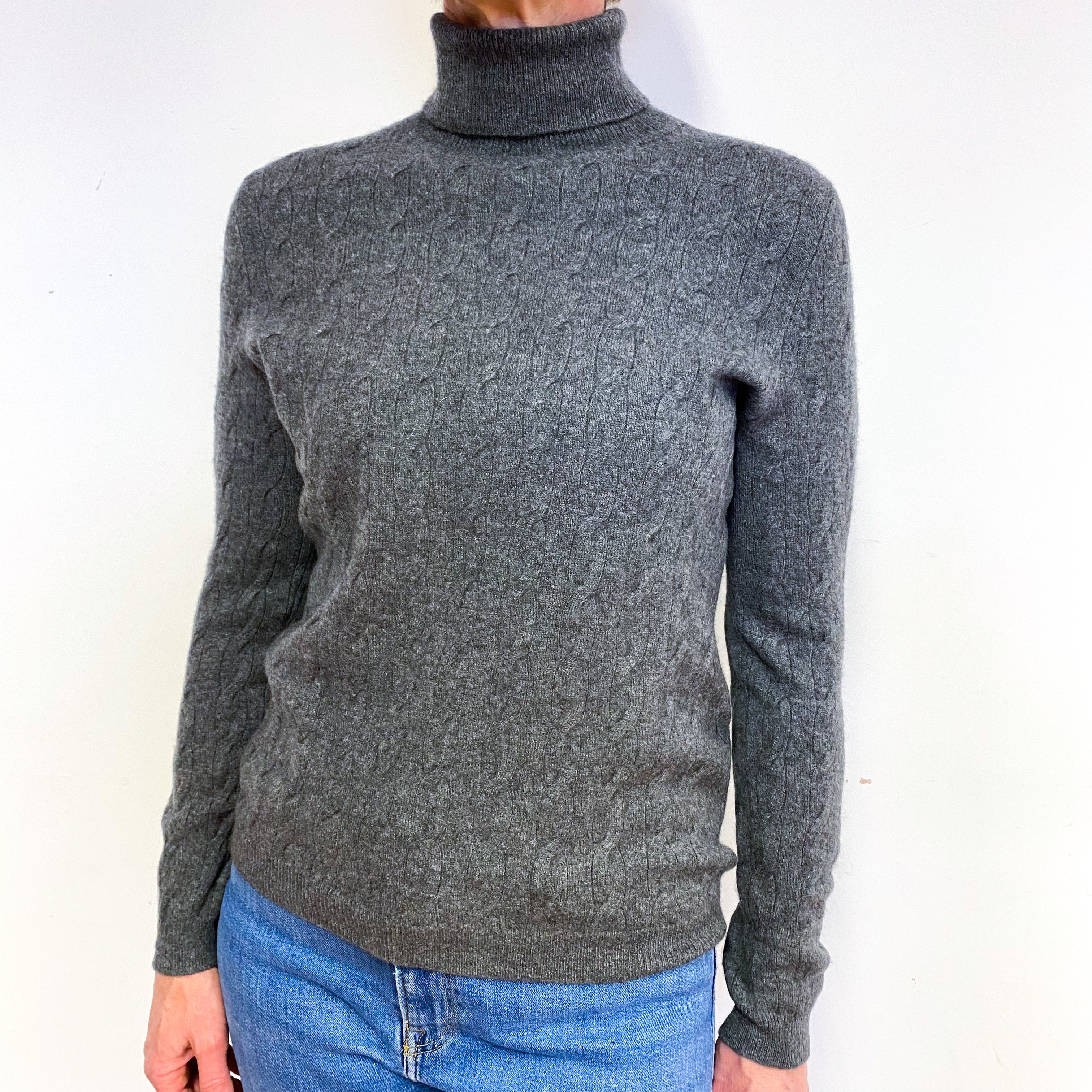 Steel Grey Cashmere Cable Knit Polo Neck Jumper Medium