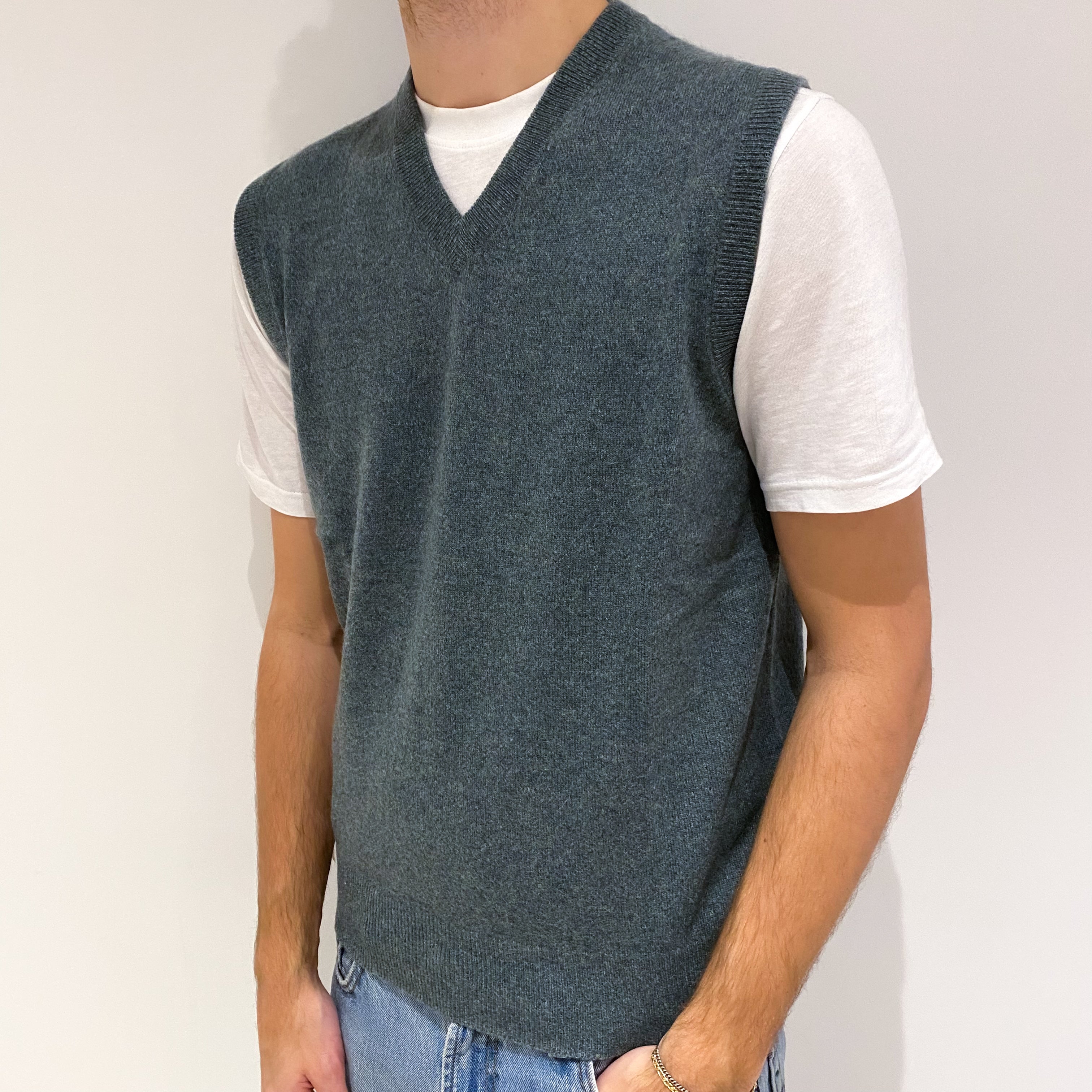 Men's Sea Green Cashmere V Neck Tank Top Large