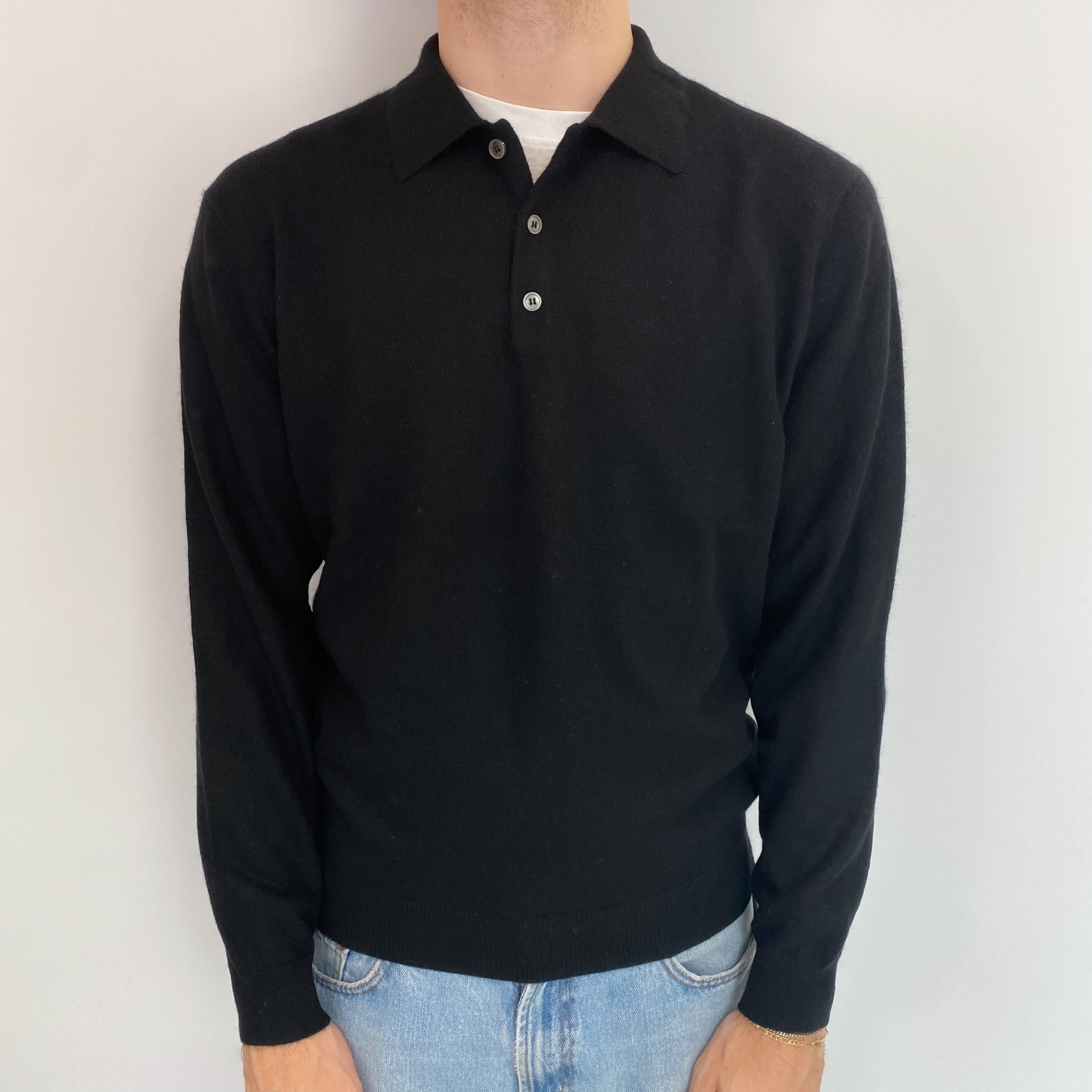 Men's Black Cashmere Collared 3/4 Buttoned Jumper Medium
