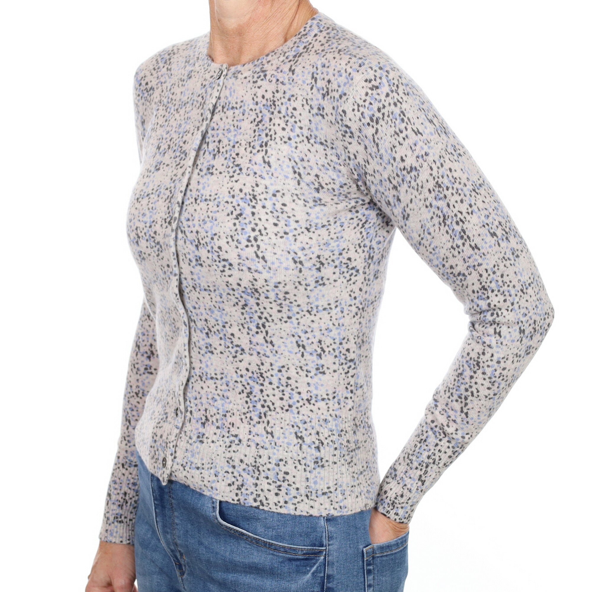 New Grey and Blue Speckled Cashmere Crew Neck Cardigan Small