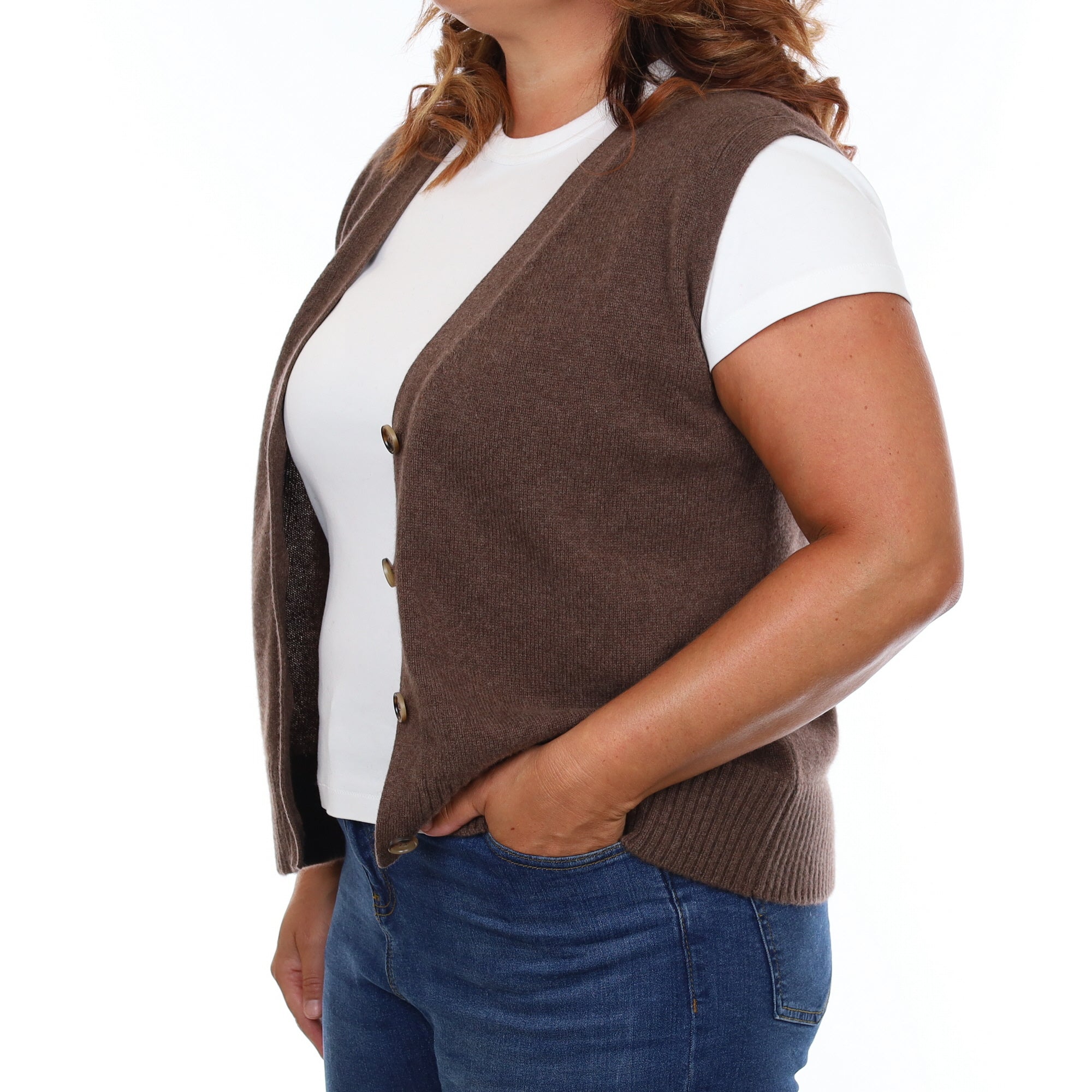 Brand New Mocha Luxury Cashmere V Neck Waistcoat Large UK 16-18