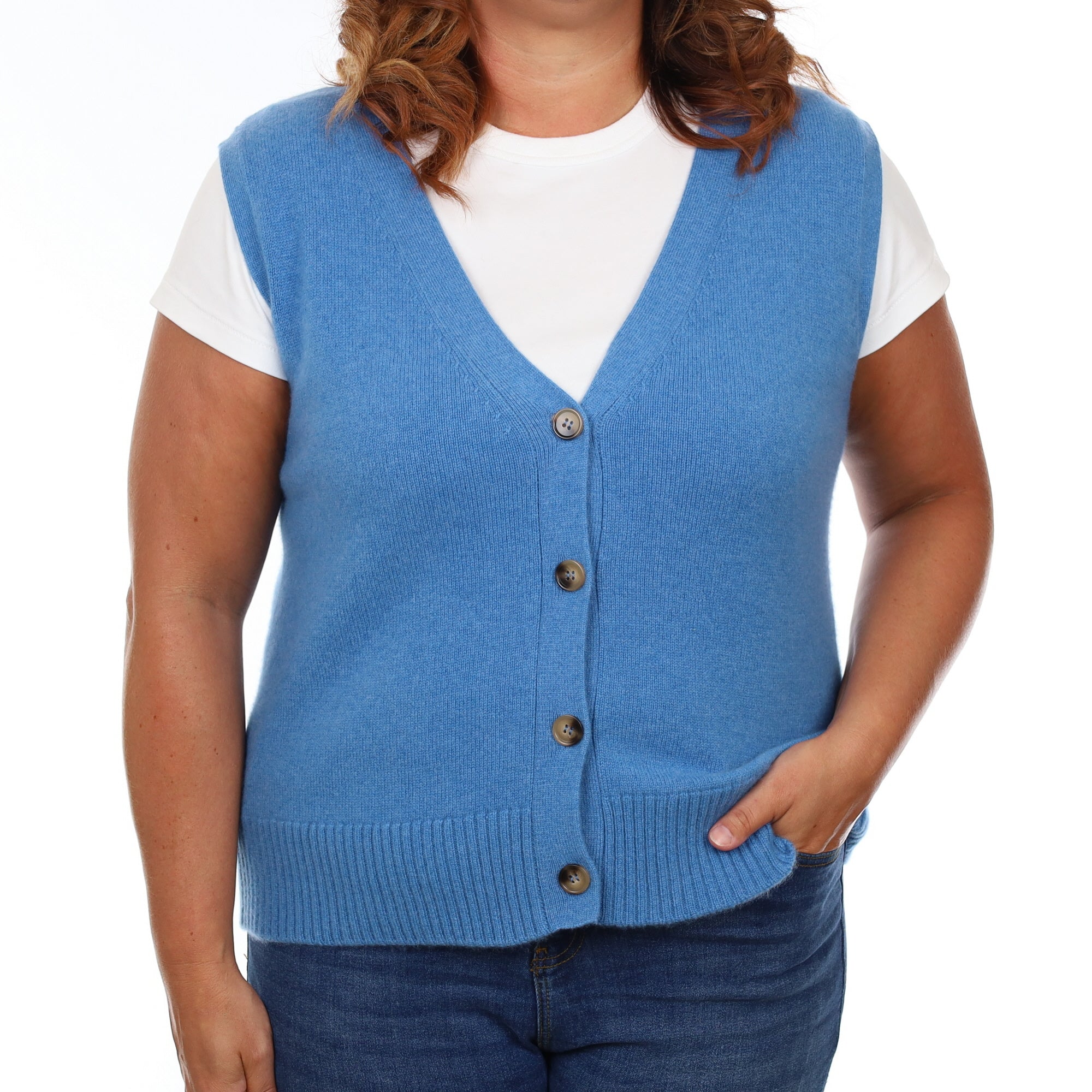 Brand New Mediterranean Blue Luxury Cashmere V Neck Waistcoat Large UK 16-18