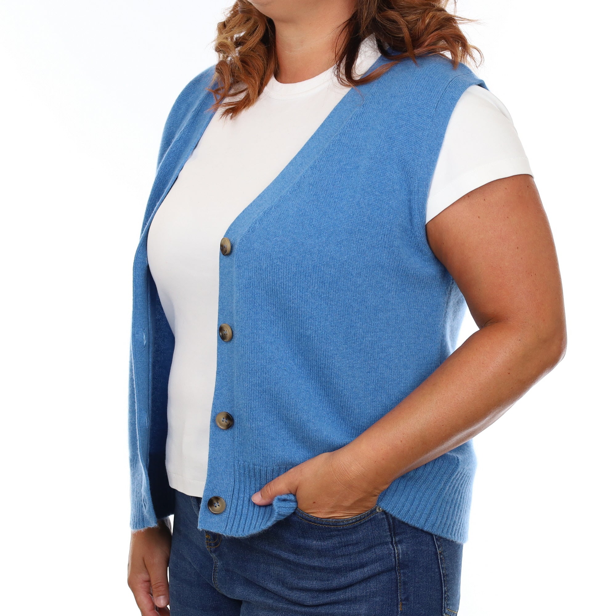 Brand New Mediterranean Blue Luxury Cashmere V Neck Waistcoat Large UK 16-18