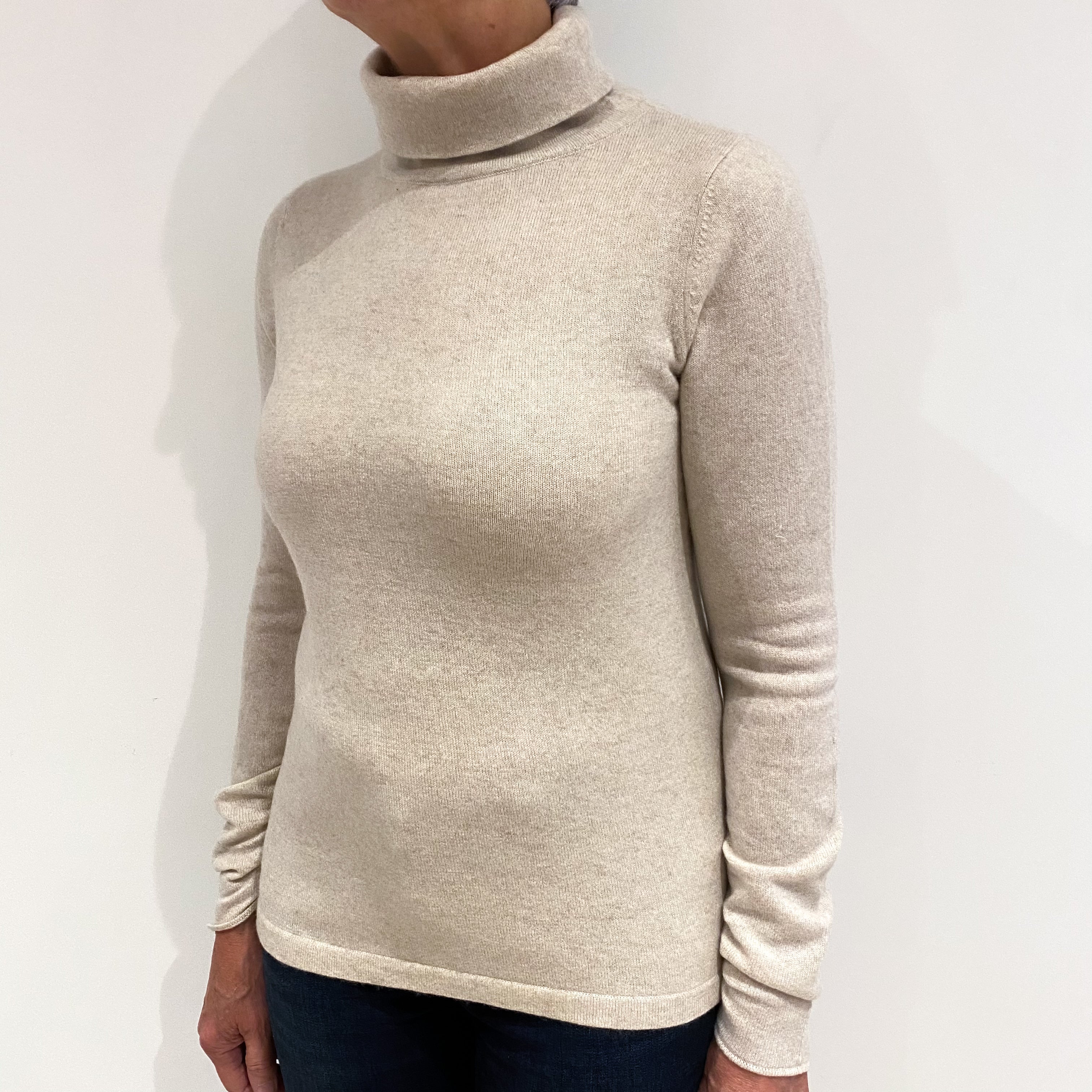 Oatmeal Cashmere Funnel Neck Ruched Sleeve Jumper Medium