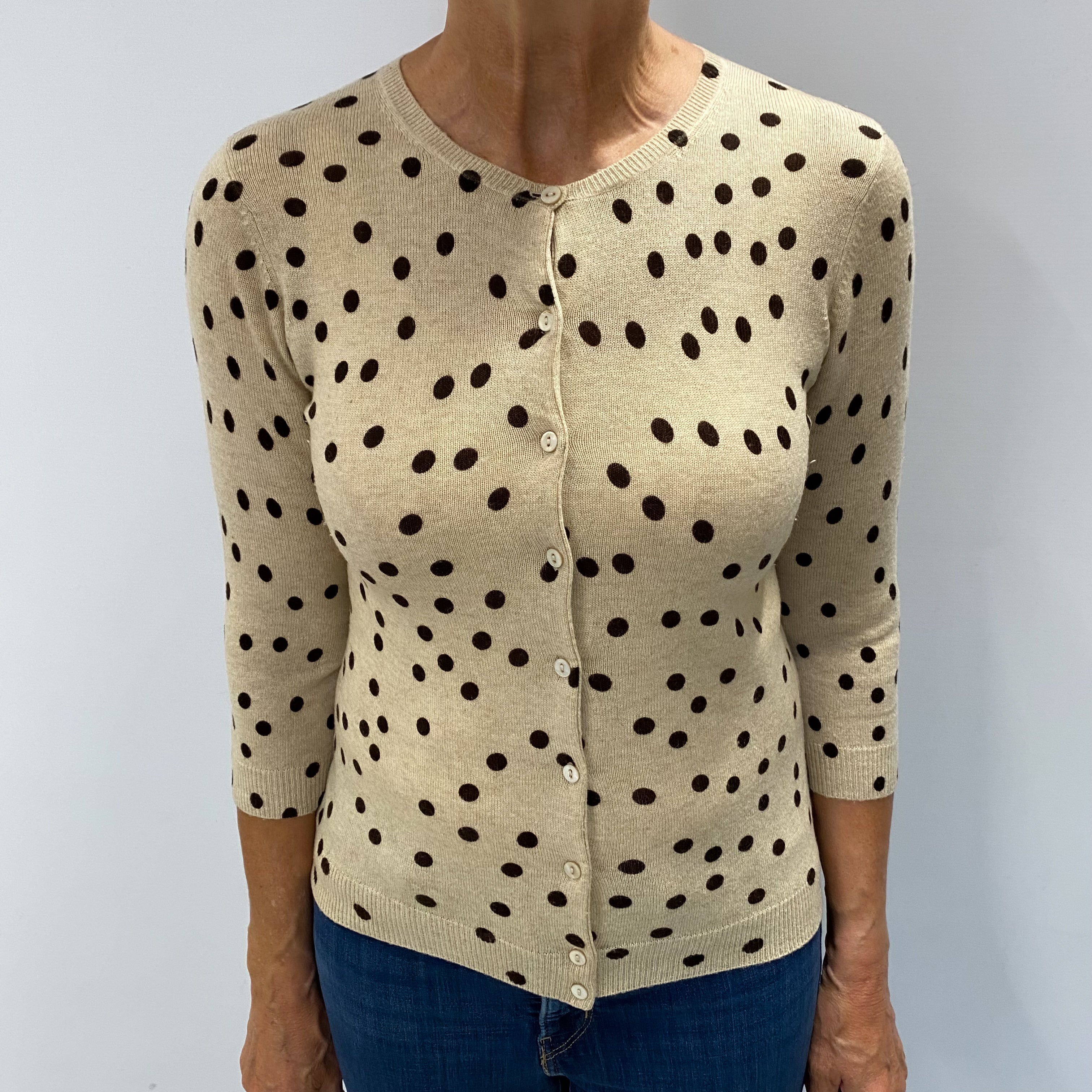 Sand Chocolate Polka Dot Cashmere Crew Neck Cardigan Medium