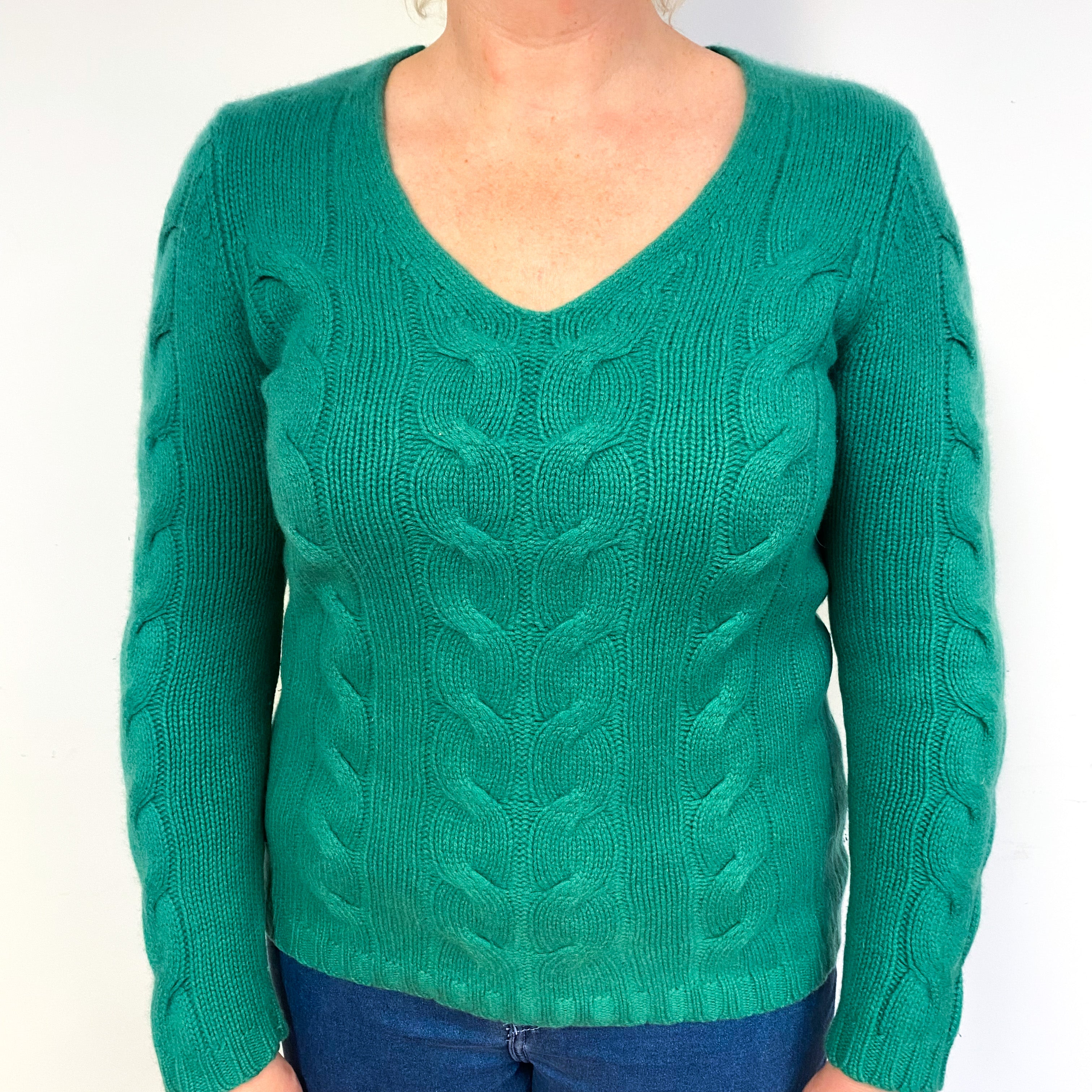 Jade Green Chunky Cable Cashmere V-Neck Jumper Large