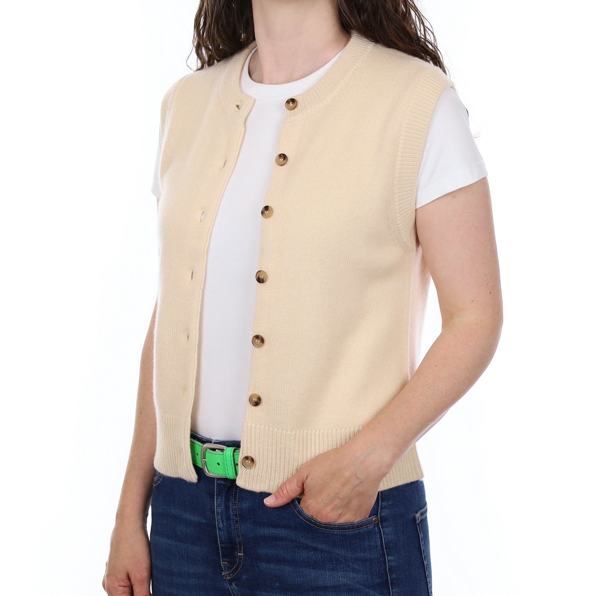 Brand New Vanilla Cream Luxury Cashmere Crew Neck Waistcoat Small UK 8-10