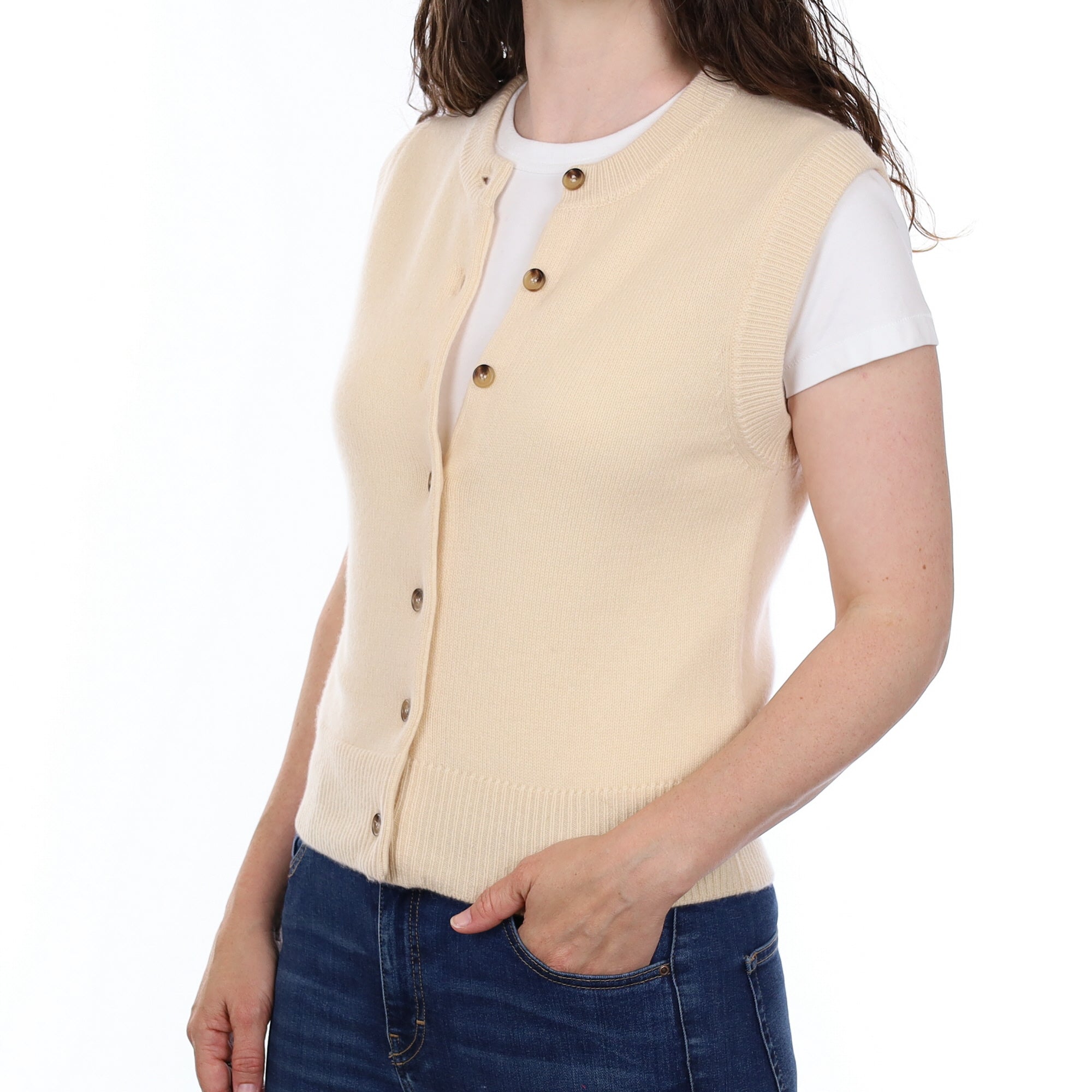 Brand New Vanilla Cream Luxury Cashmere Crew Neck Waistcoat Small UK 8-10