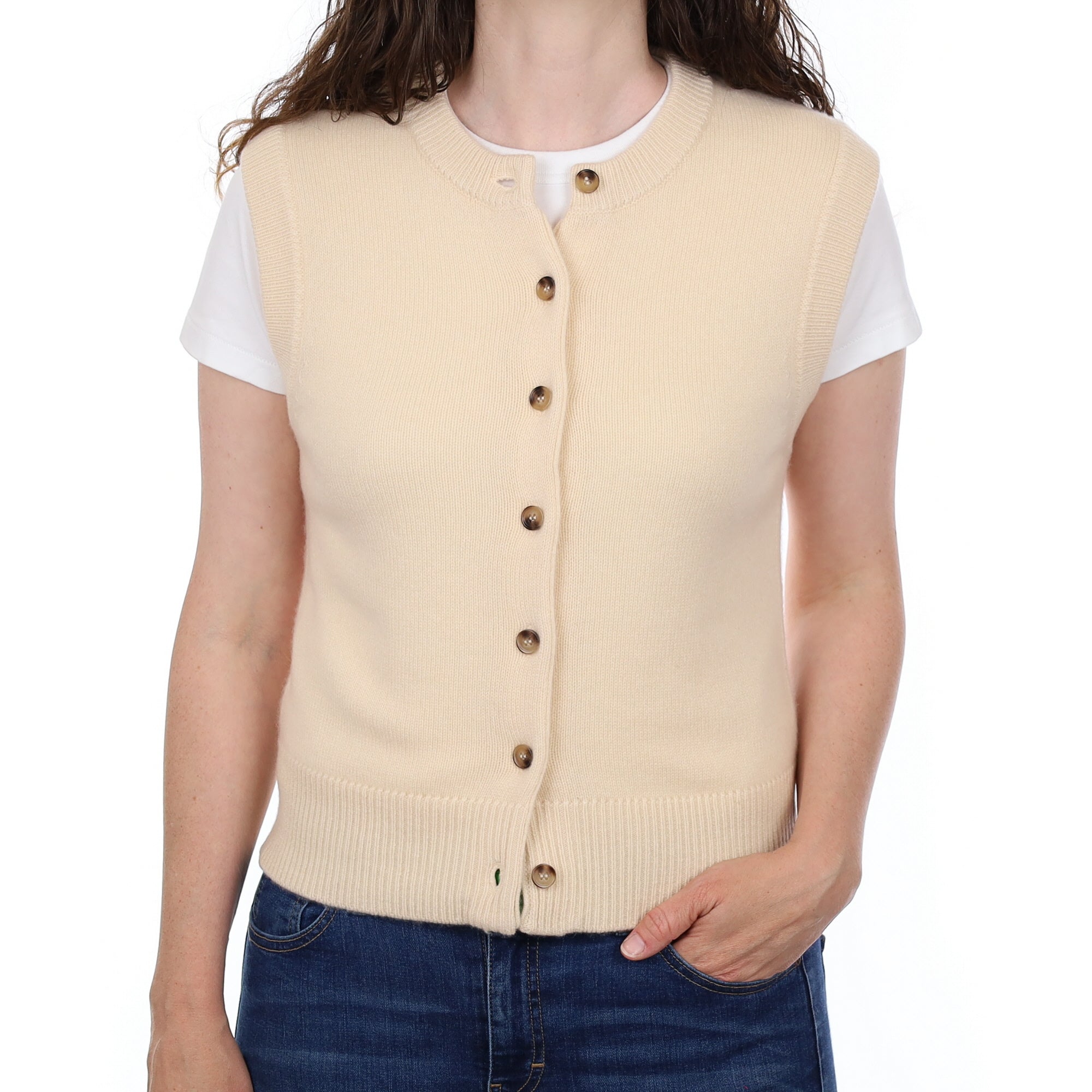 Brand New Vanilla Cream Luxury Cashmere Crew Neck Waistcoat Small UK 8-10