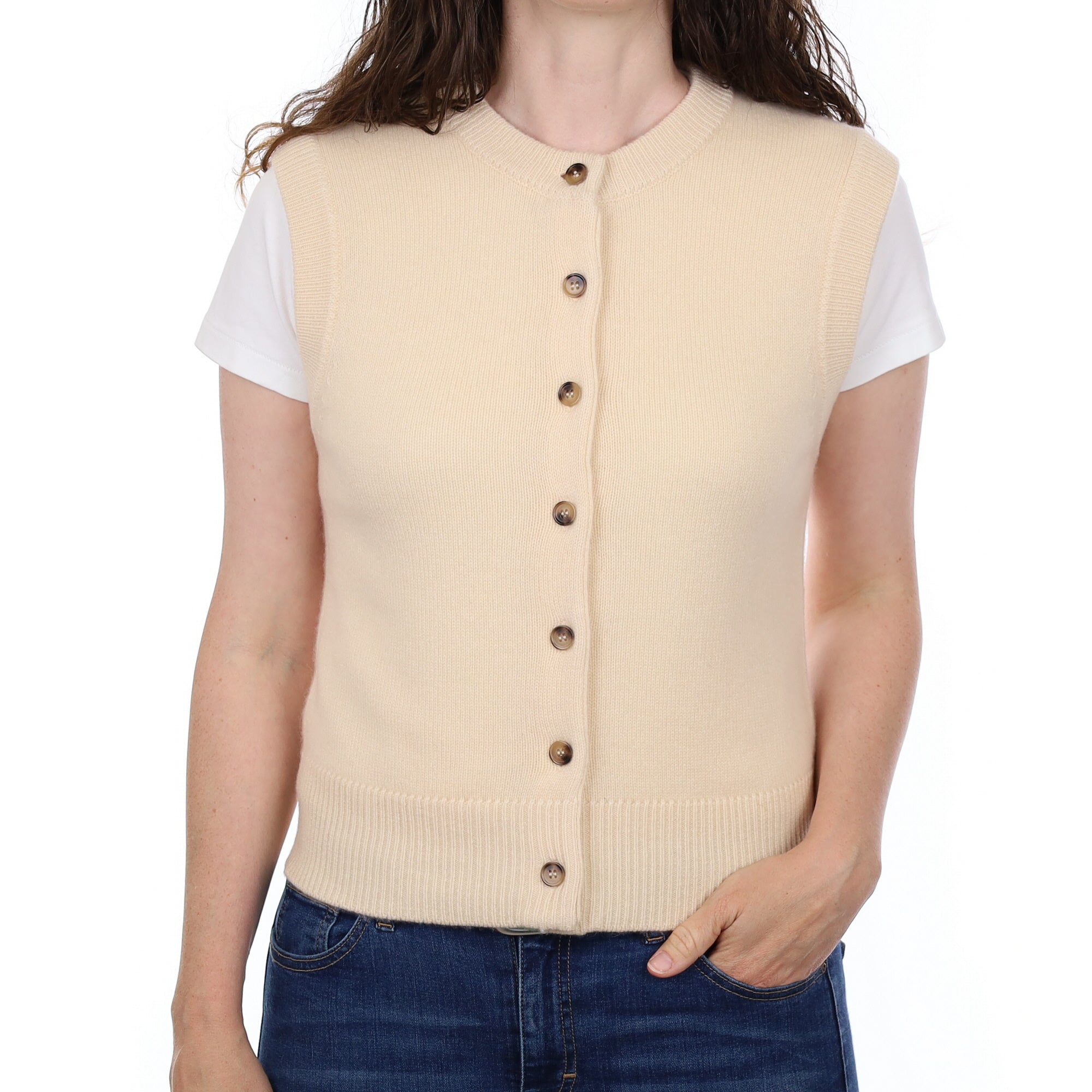 Brand New Vanilla Cream Luxury Cashmere Crew Neck Waistcoat Small UK 8-10