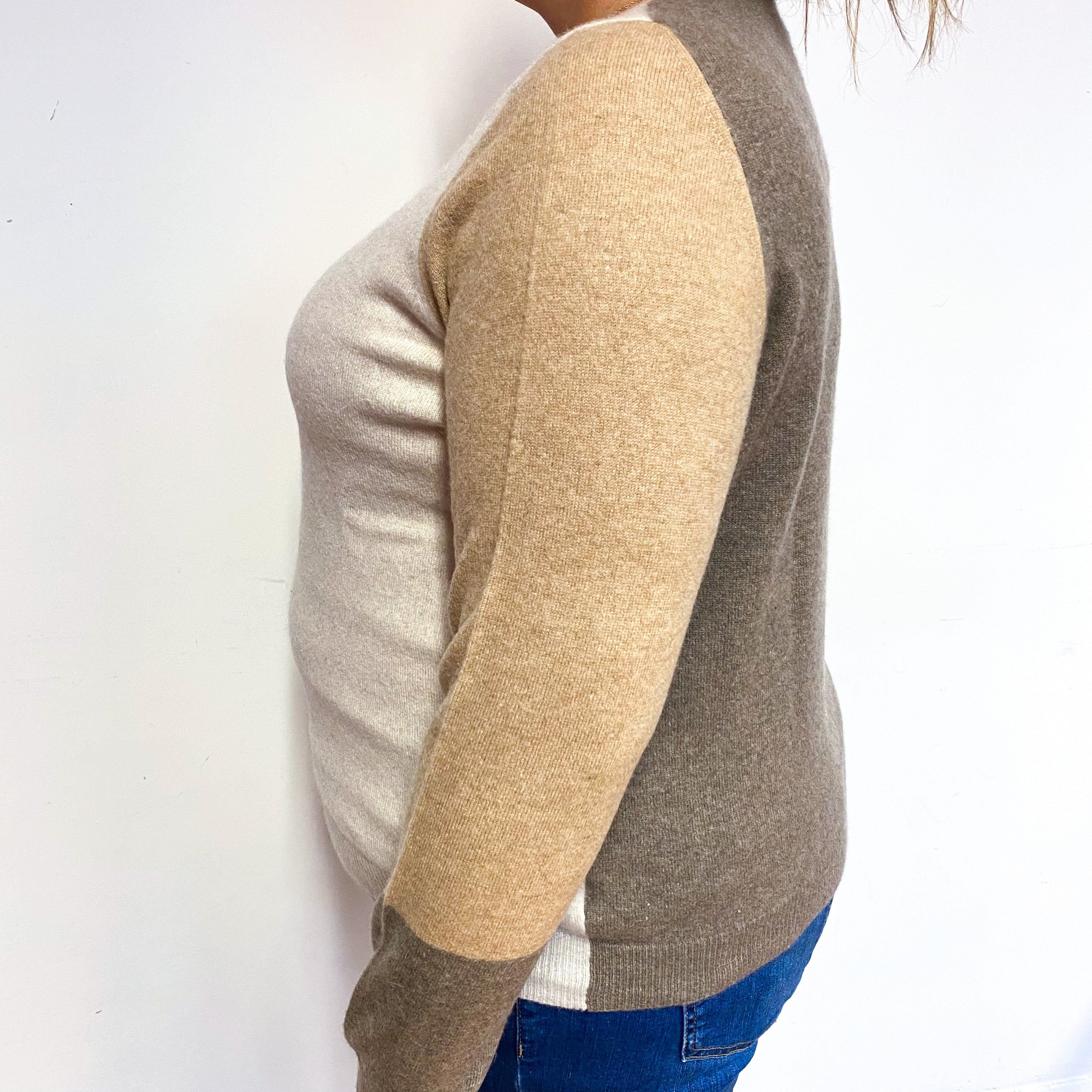 Brown Colour Block Cashmere Crew Neck Jumper Extra Large