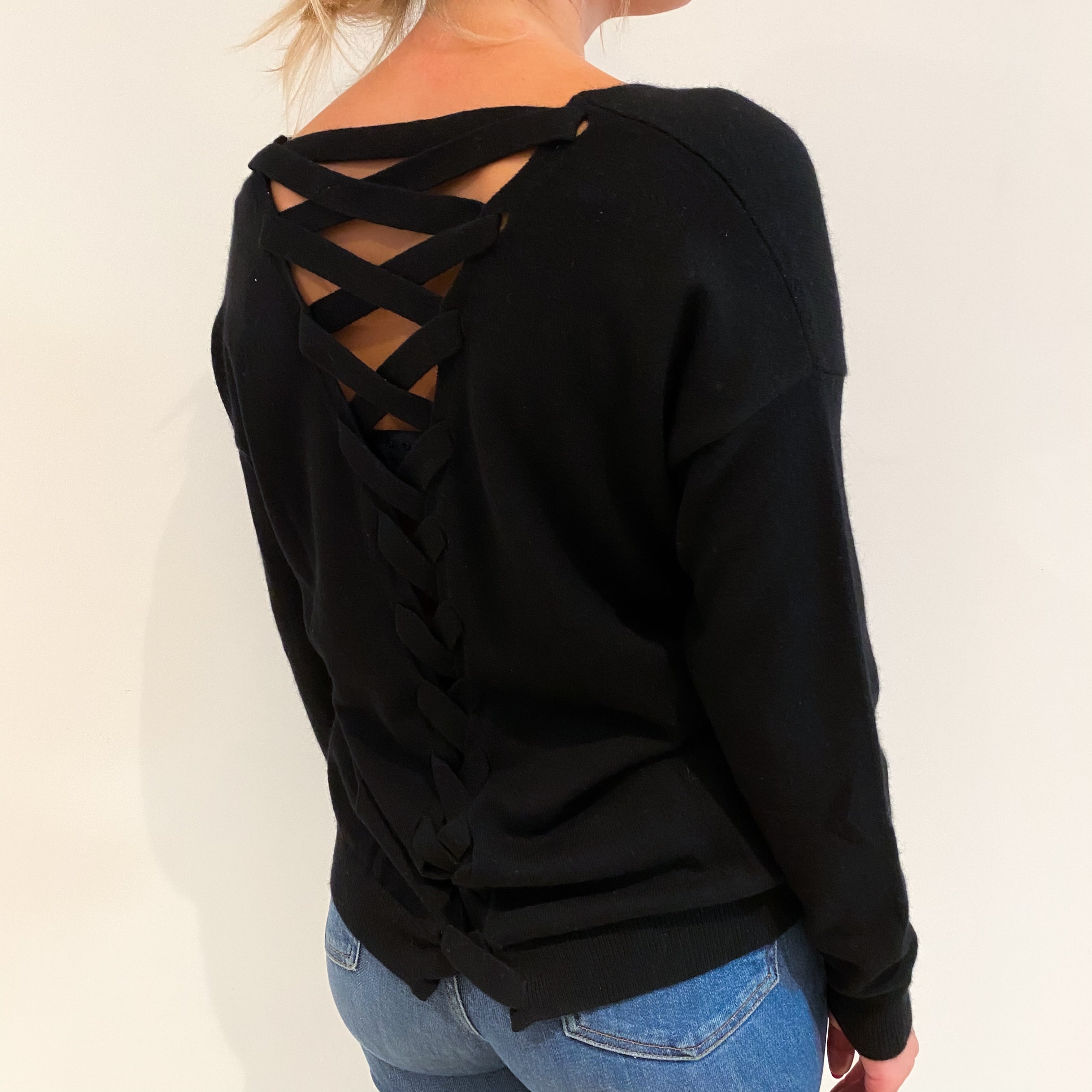 Black Lace Up Back Cashmere V Neck Jumper Small