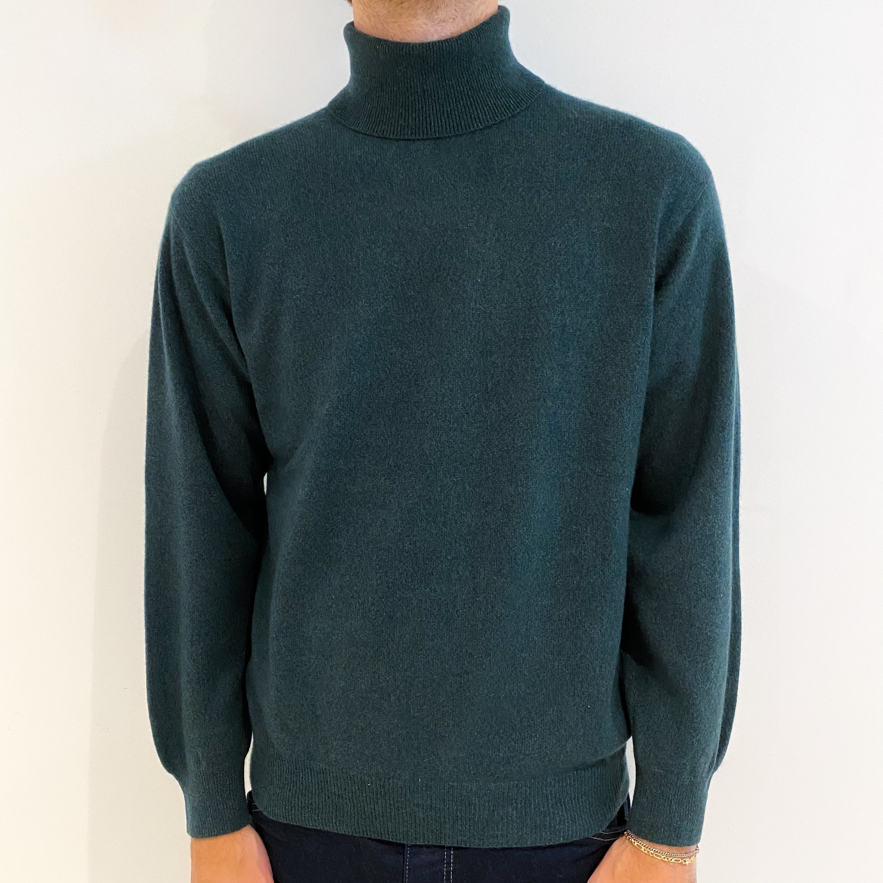 Men's Spruce Green Cashmere Polo Neck Jumper Medium