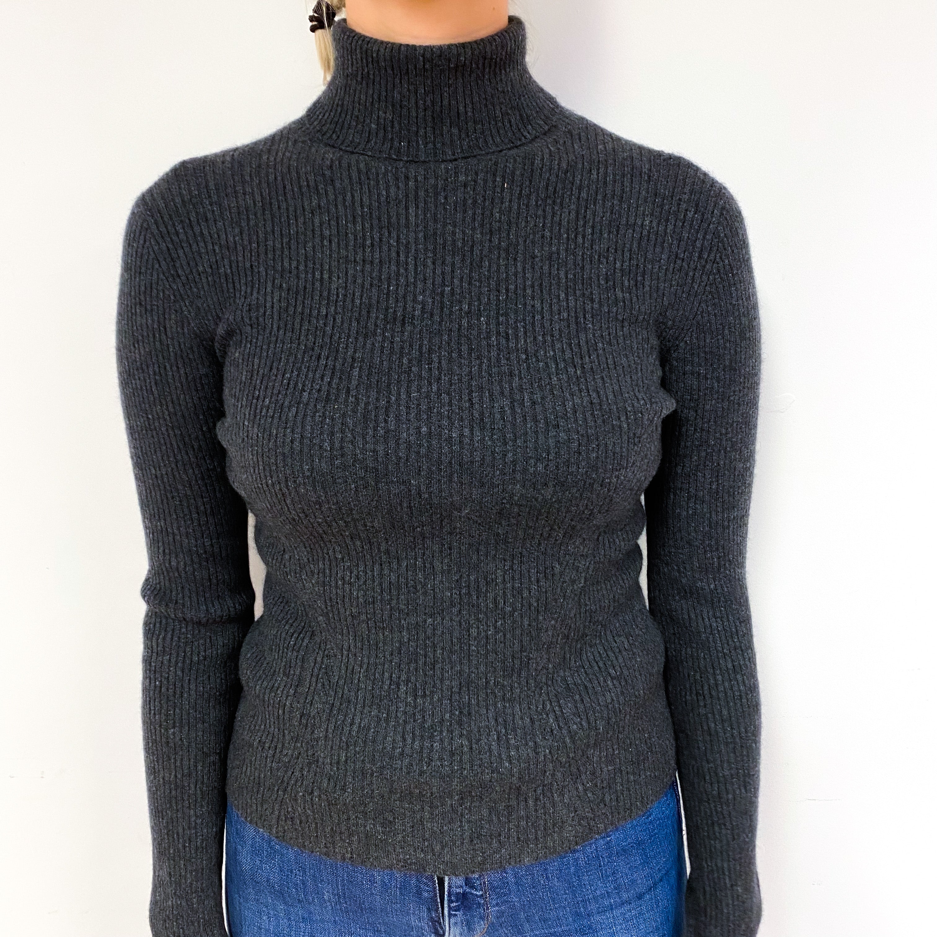 Slate Grey Skinny Ribbed Cashmere Polo Neck Jumper Small