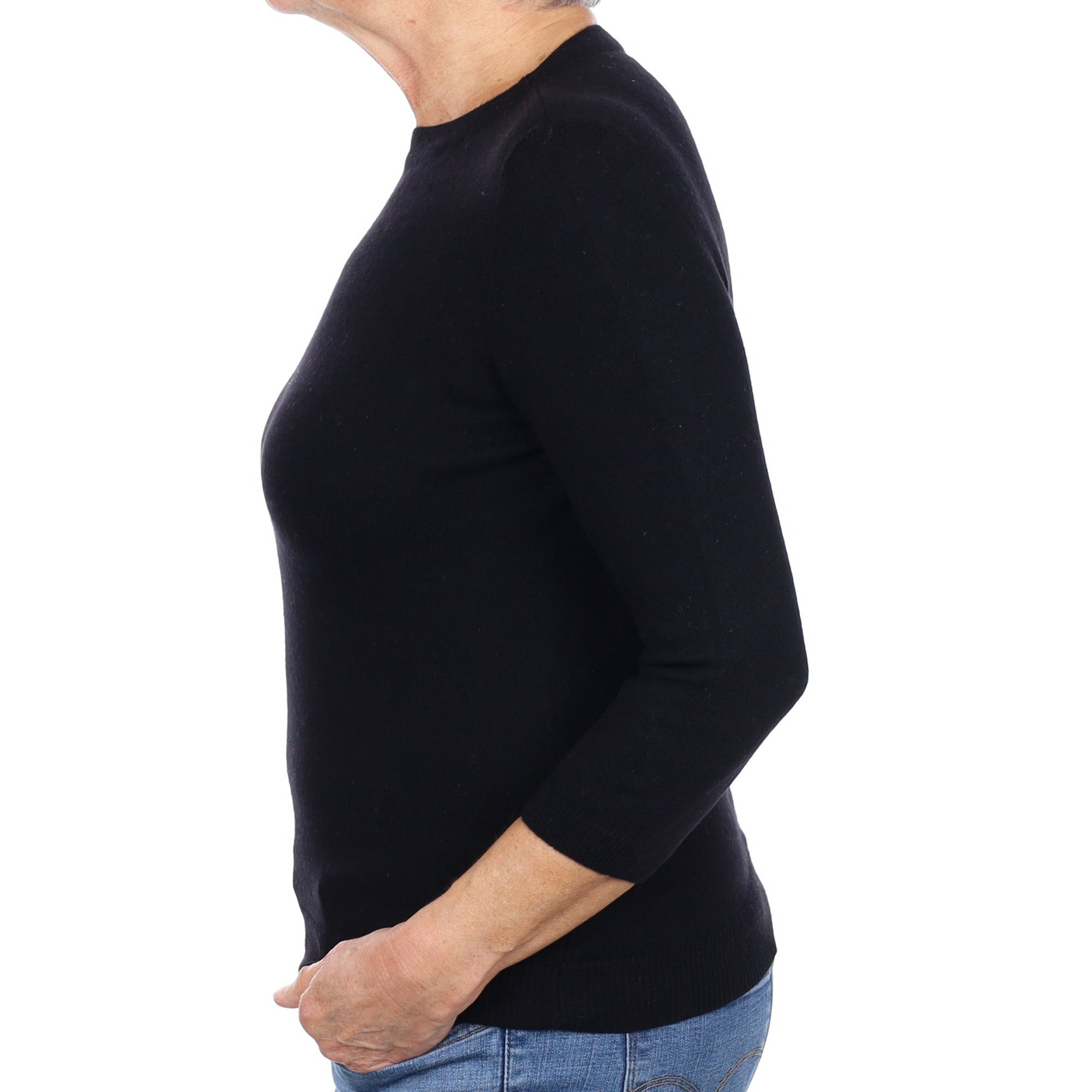 Black Cashmere 3/4 Sleeve High Crew Neck Jumper Medium