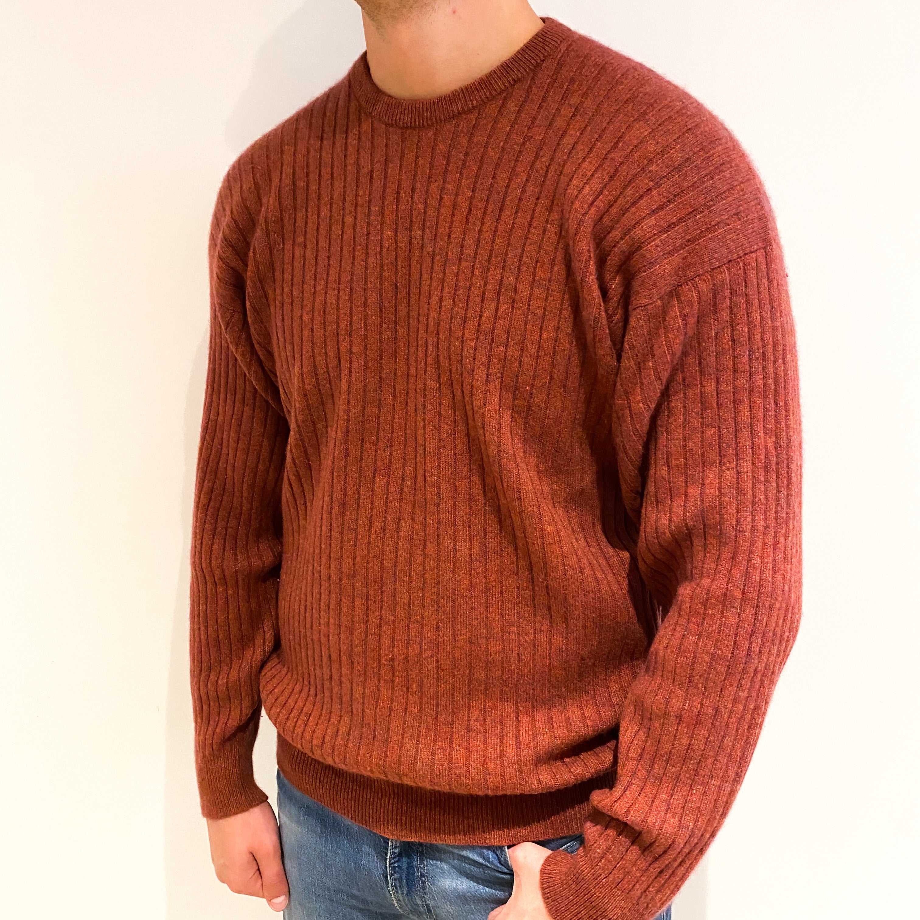 Men's Brora Scottish Terracotta Marl Cashmere Crew Neck Jumper XXL